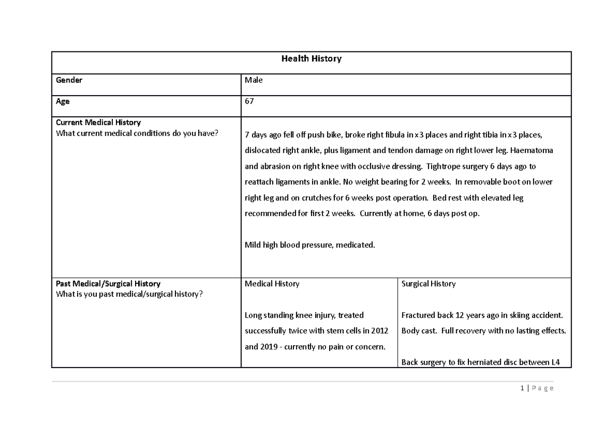 Assignment 1 1202 Case Study - Health History Gender Male Age 67 ...
