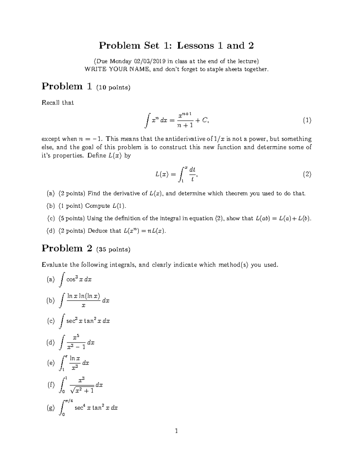 Calc2 HW1 - problem set 1 - Problem Set 1: Lessons 1 and 2 (Due Monday ...