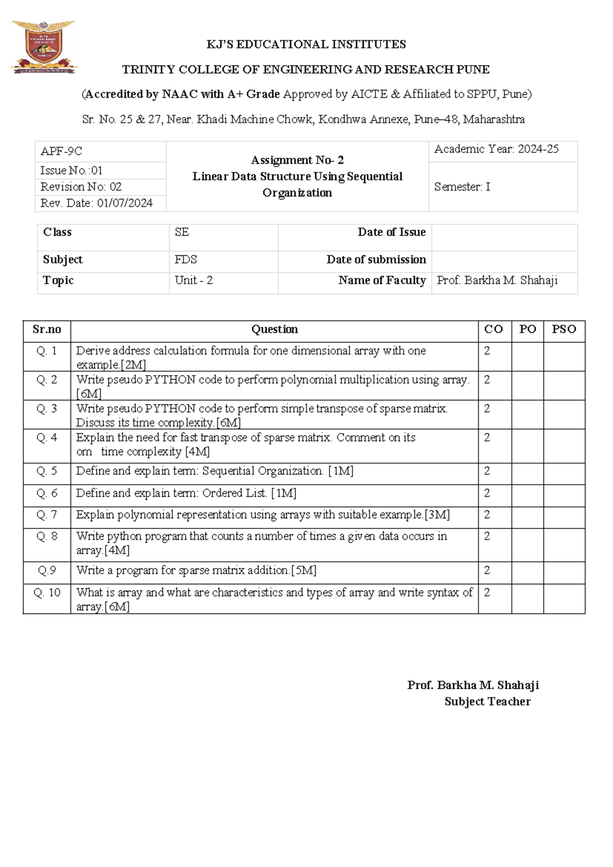 Unit 2 FDS Assignment - Fds notes - KJ’S EDUCATIONAL INSTITUTES TRINITY ...