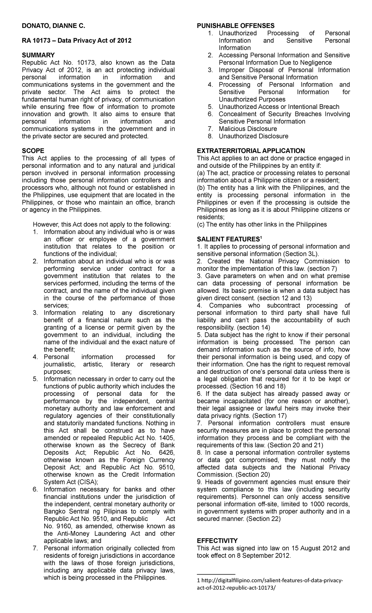 295097366 RA 10173 Data Privacy Act of 2012 - DONATO, DIANNE C. RA ...