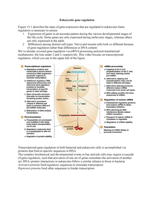 Eukaryotic gene regulation - Eukaryotic gene regulation Figure 15 describes  the steps of gene - Studocu
