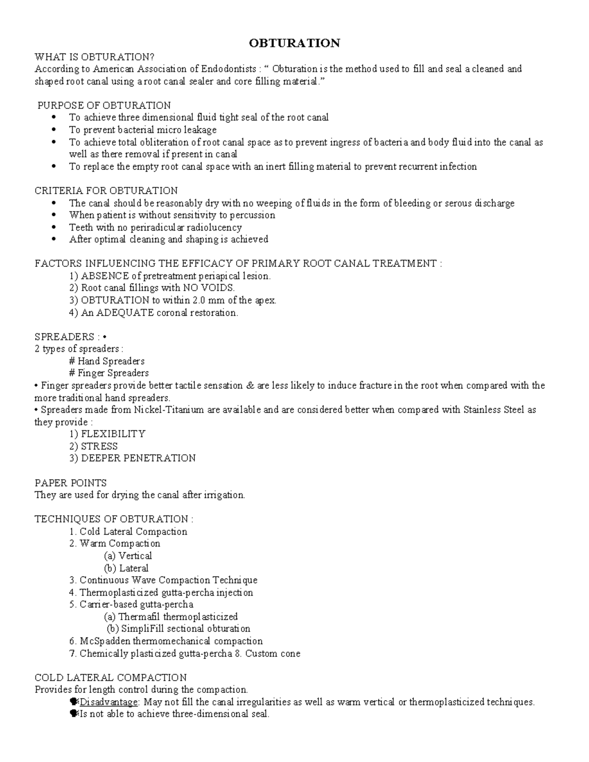 WHAT IS Obturation - notes - OBTURATION WHAT IS OBTURATION? According ...