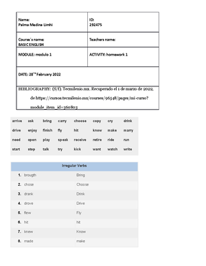 Homework 3 - ingles basico universidad tecmilenio - Name: Palma Medina ...