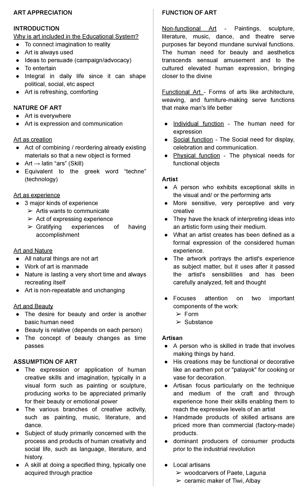 ART Appreciation An introduction to art, nature of art, assumption of