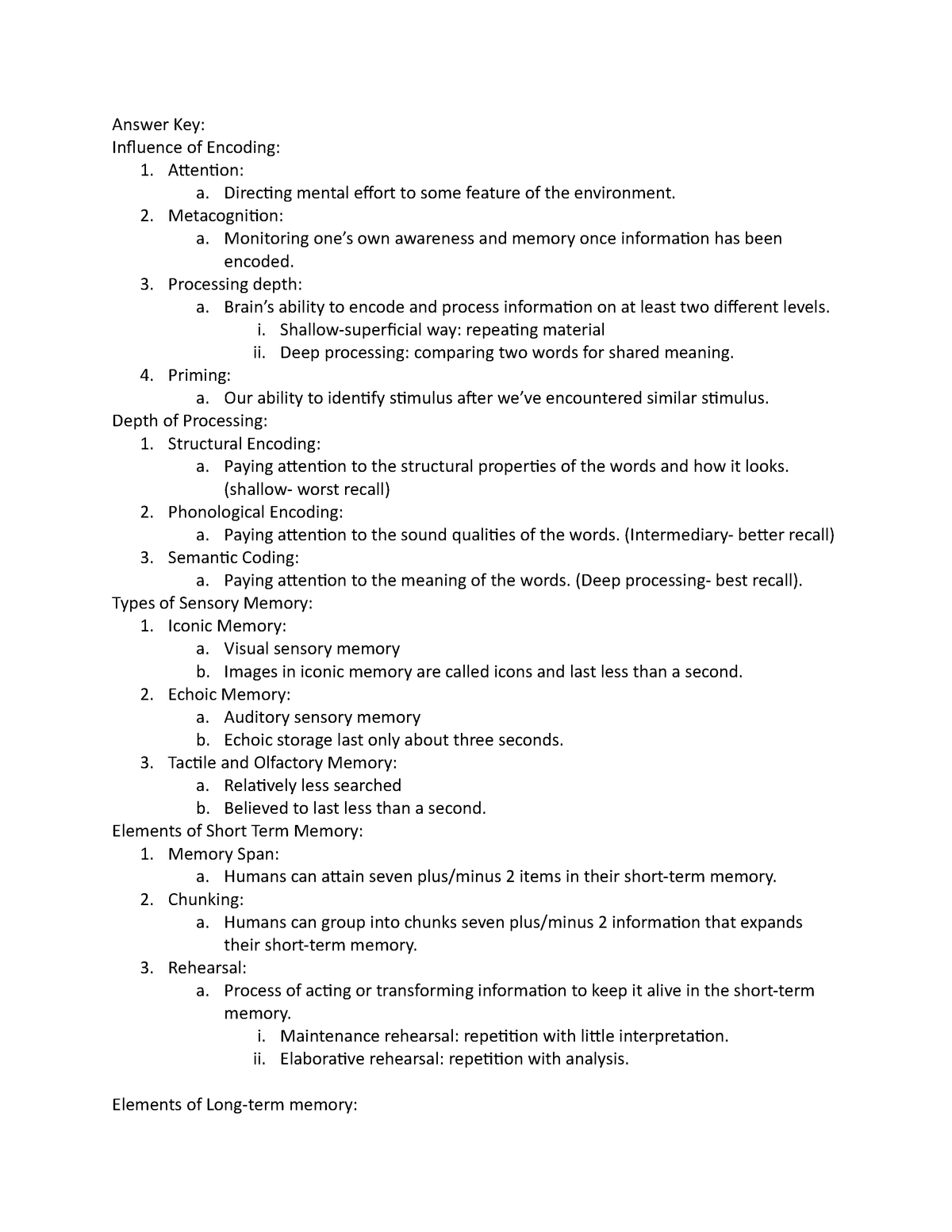 Psych 102 Answer Key- Final EXAM - Answer Key: Influence of Encoding: 1 ...