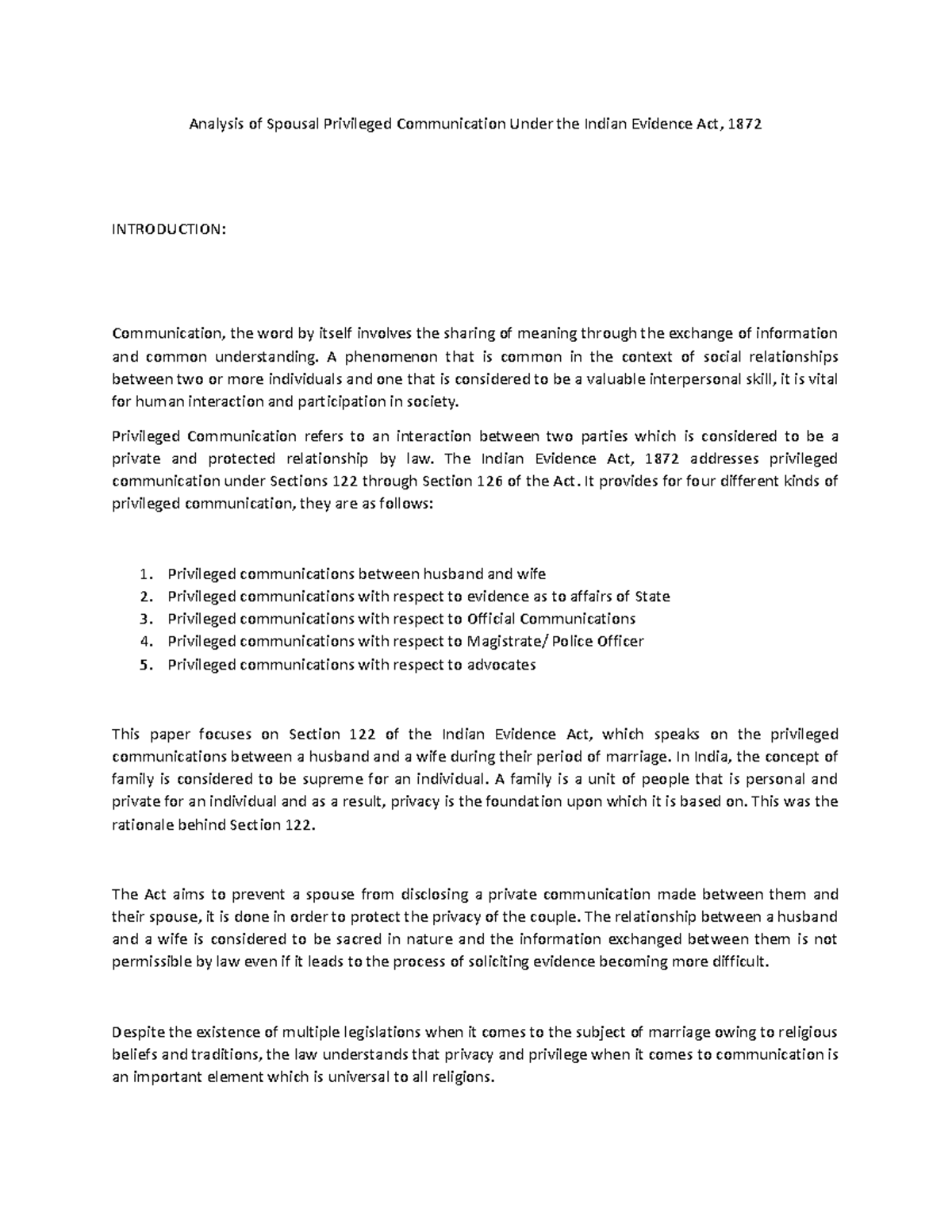 Analysis of Spousal Privileged Communication Under the Indian Evidence ...