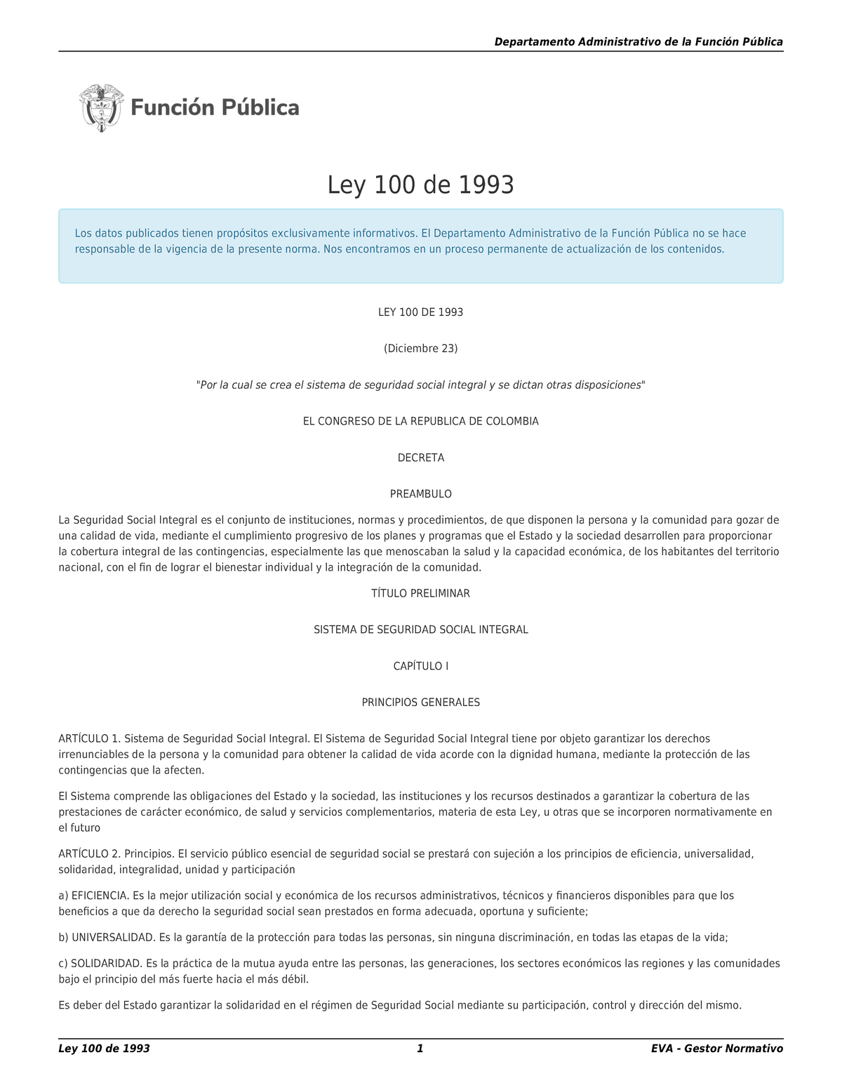 Ley-100-de-1993-Gestor-Normativo - Ley 100 De 1993 - Departamento ...