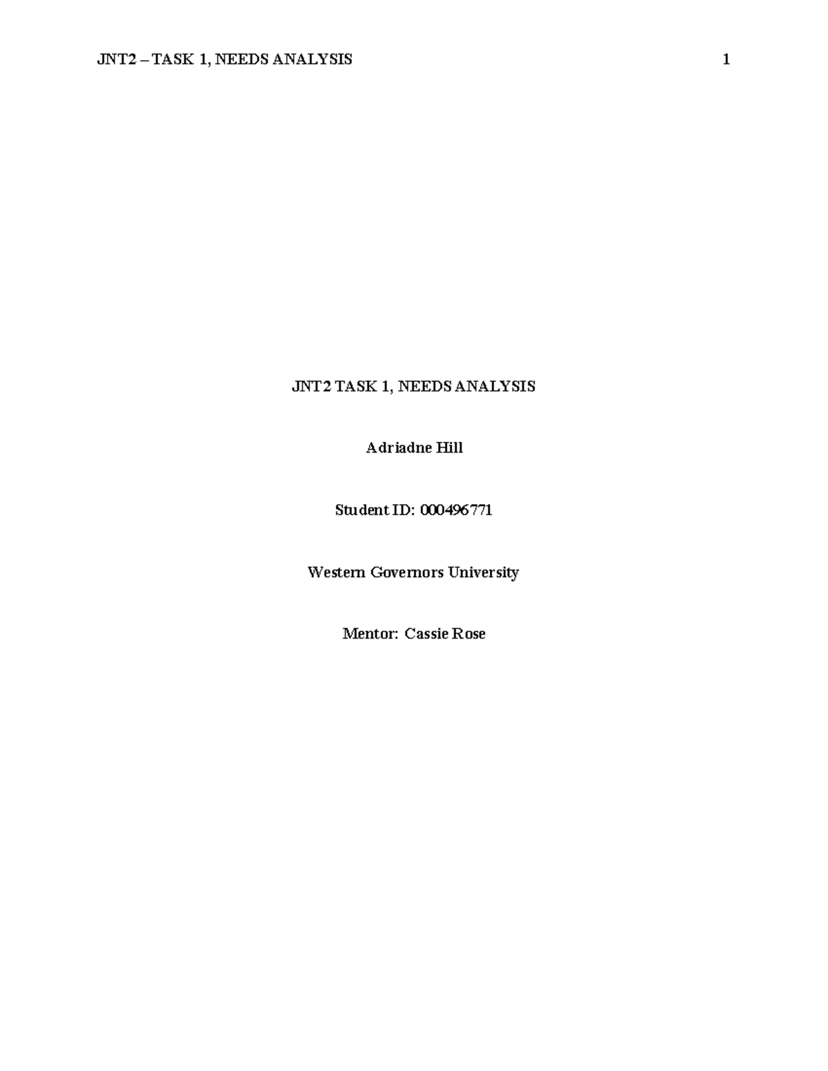 JNT2-Task 1 - JNT2 - Task 1 - JNT2 TASK 1, NEEDS ANALYSIS Adriadne Hill ...