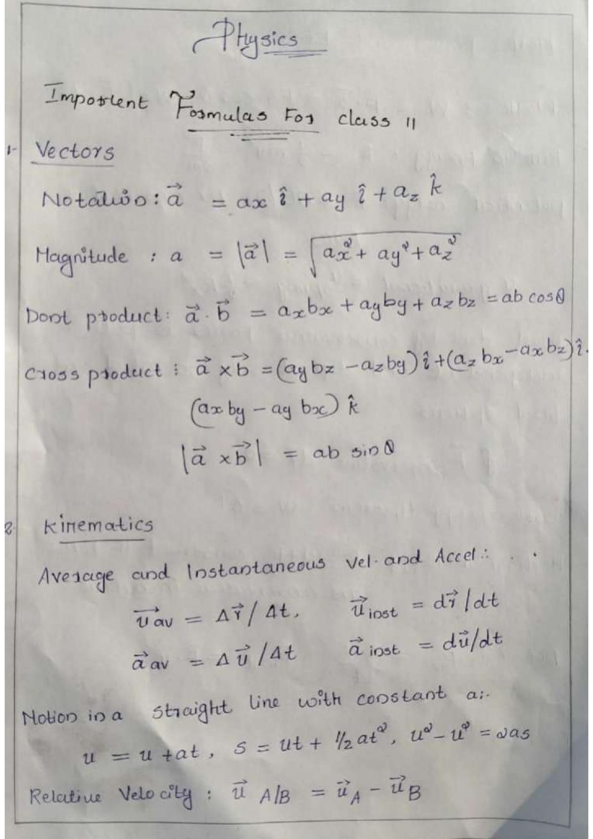 Important Physics Formulas For Class - 11 - B.COM - Studocu