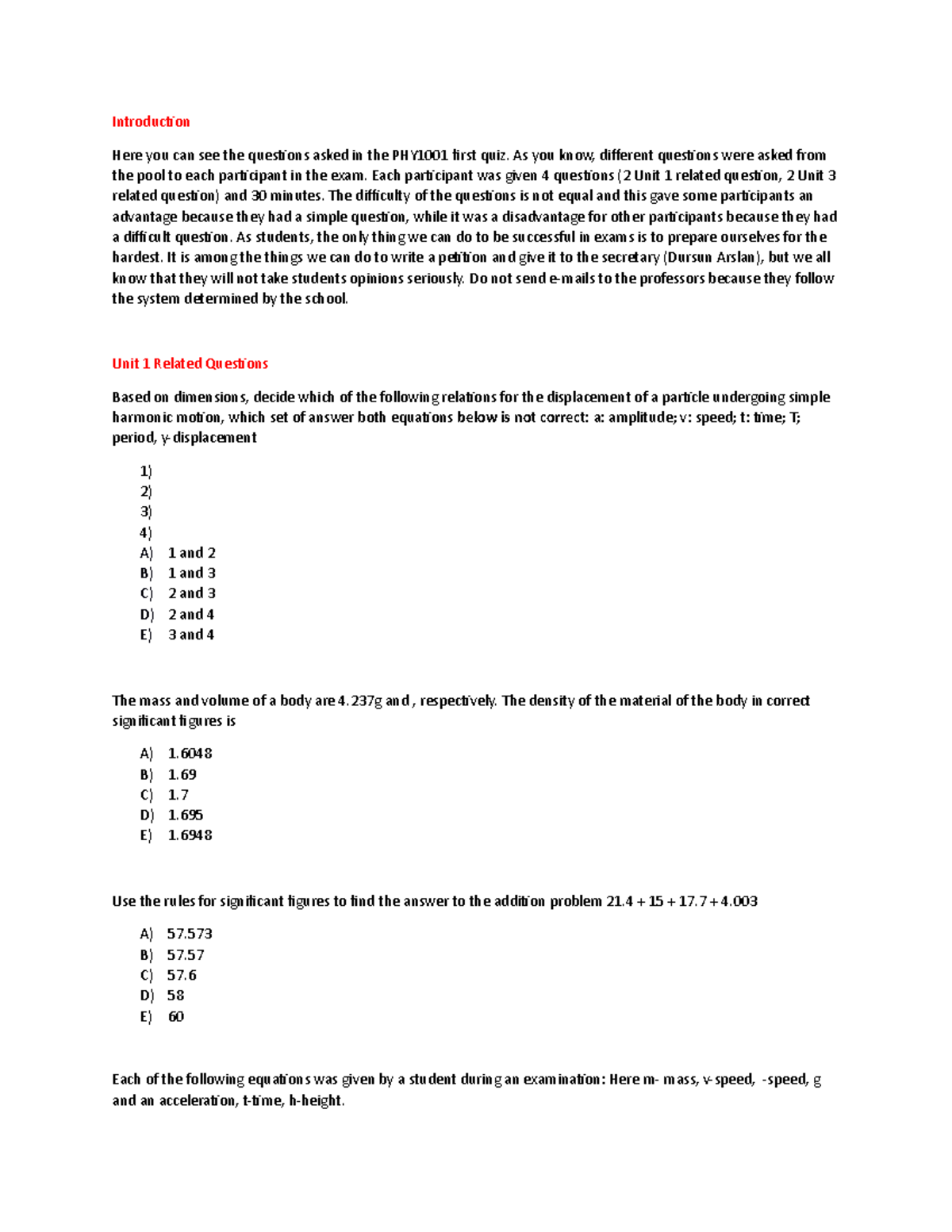 PHY 1001 Quiz 1 30 - Bahcesehir University PHY1001 (Physics I) First ...