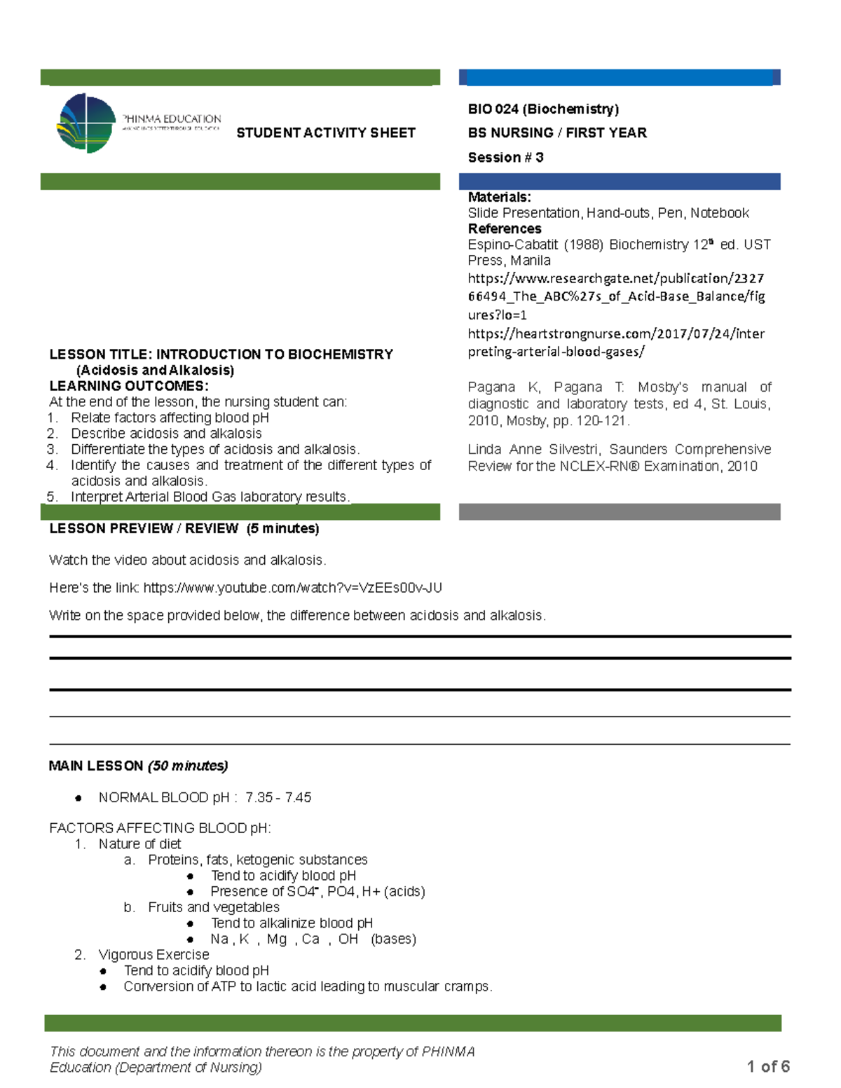 BIO 024 Session 3 - BIOCHEM - STUDENT ACTIVITY SHEET BIO 024 ...