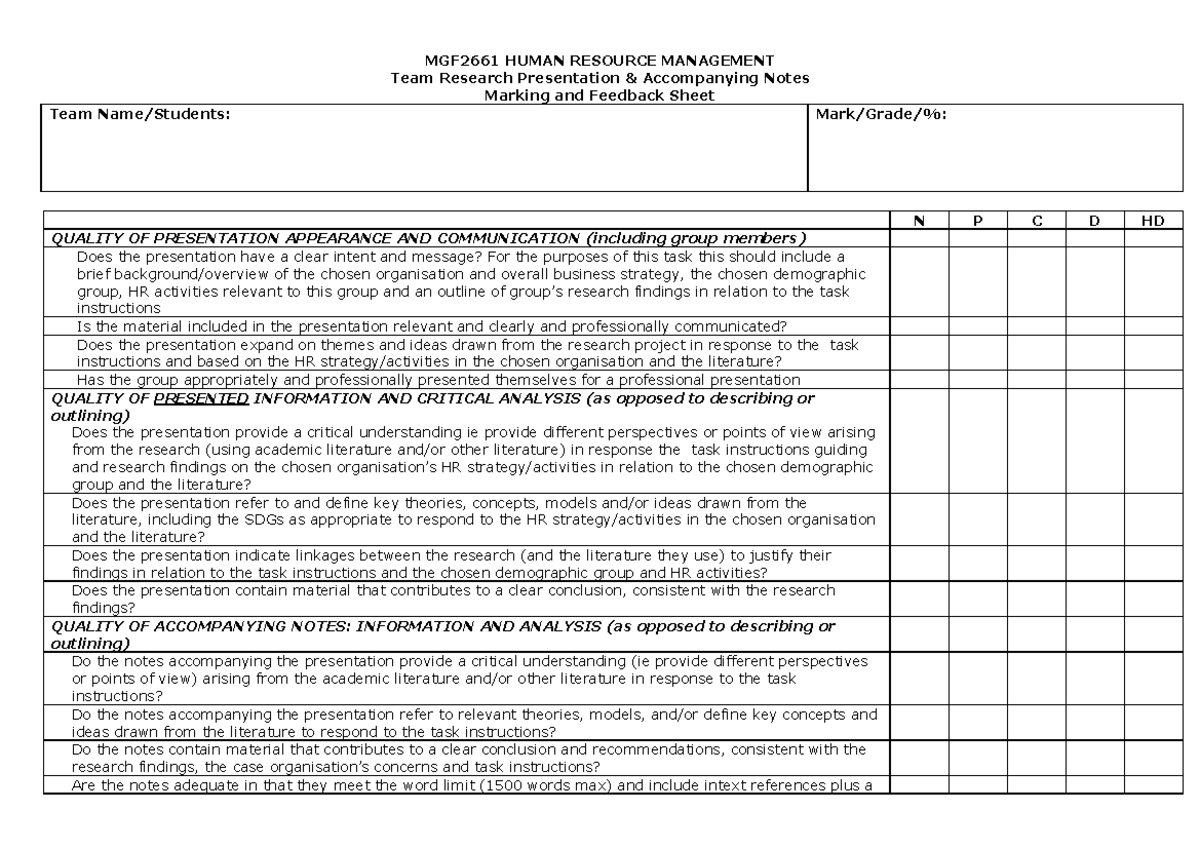 MGF2661 Ass 3a Team Presentation and Notes Marking Rubric 2024 ...