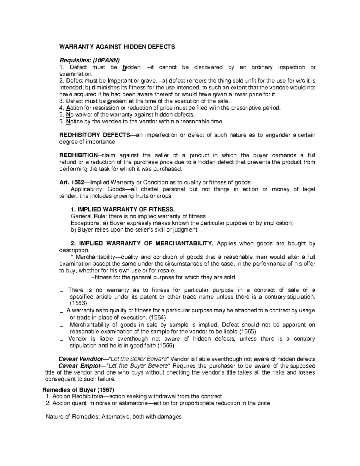 Warranty Against Hidden Defects WARRANTY AGAINST HIDDEN DEFECTS