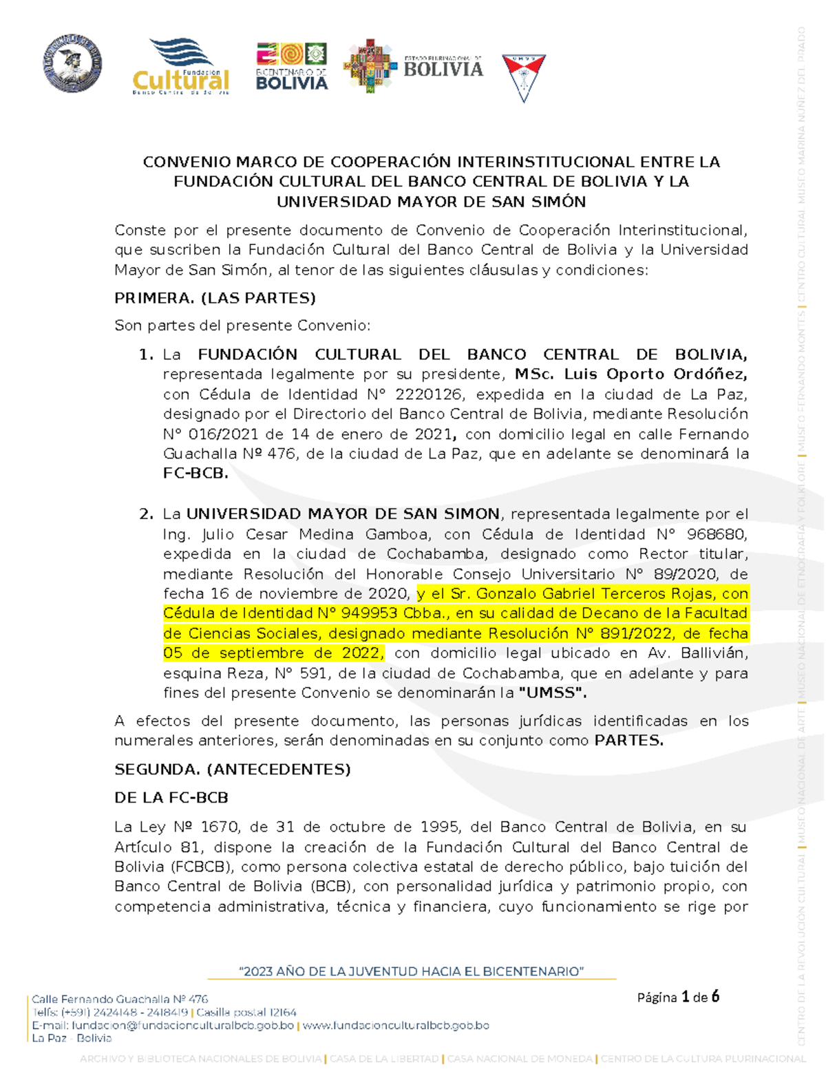 Proyecto Final DE LA UMSS - CONVENIO MARCO DE COOPERACIÓN ...