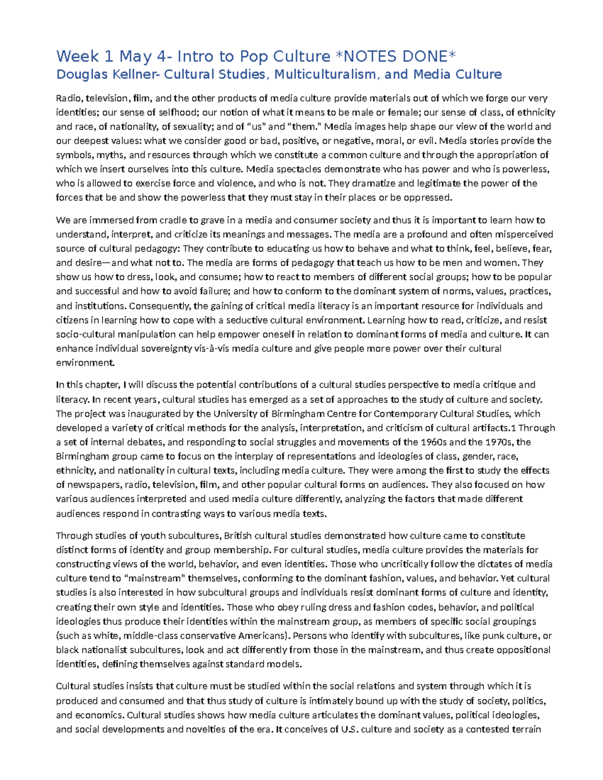 Test 1 Readings Notes.docx - Week 1 May 4- Intro to Pop Culture NOTES ...