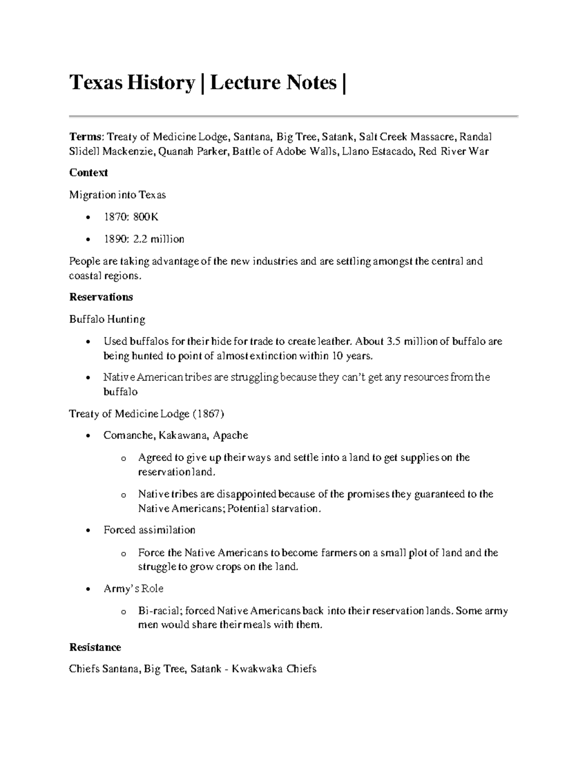 HIST-2301 Notes 13 - Texas History | Lecture Notes | Terms: Treaty of ...