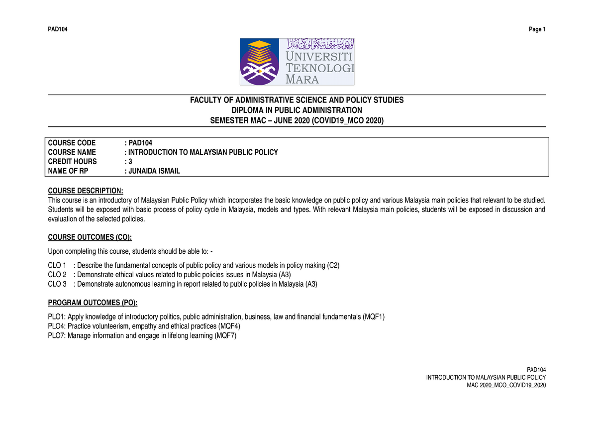 Sow Pad104 Mac 2020 Covid Public Administration Am110 Uitm Studocu