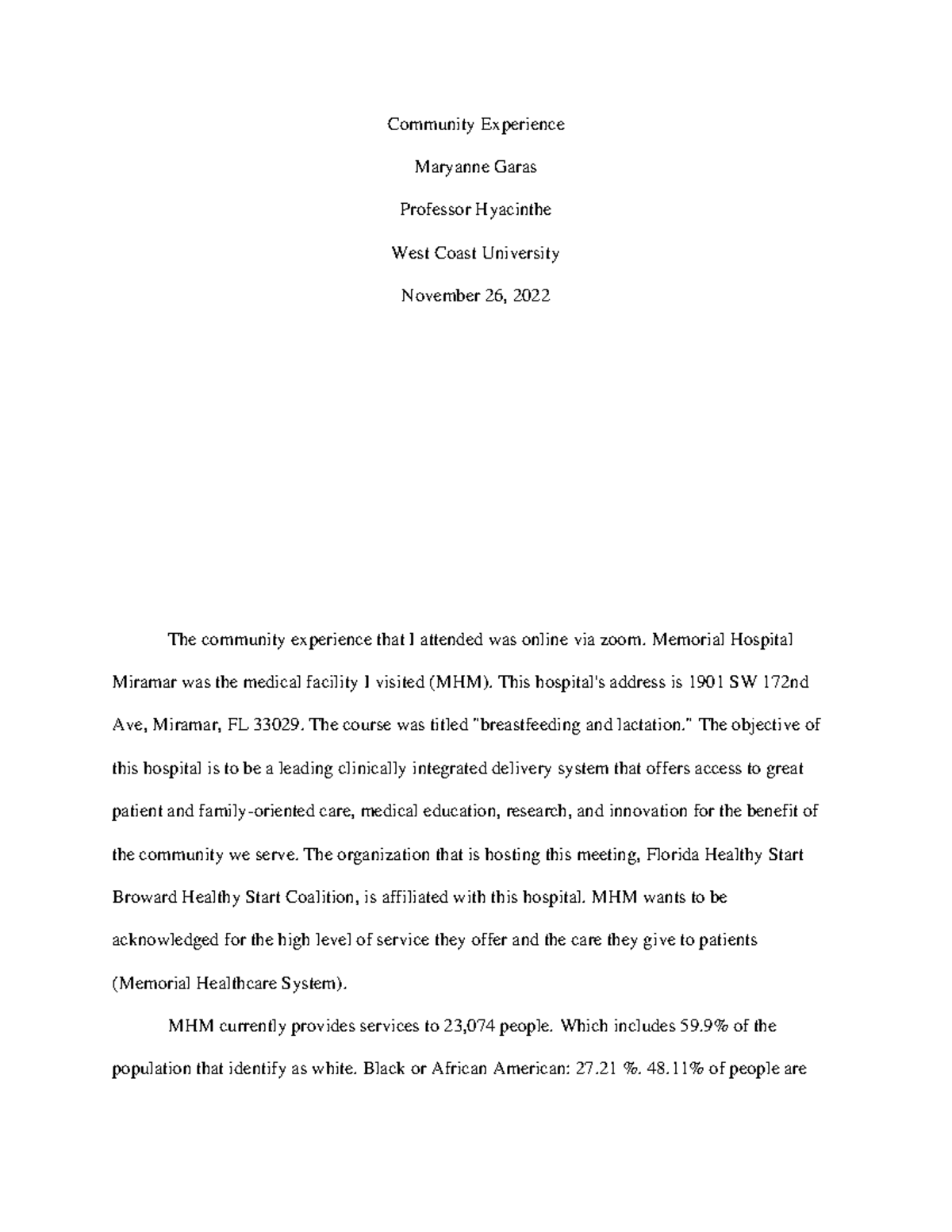 Community paper OB - Community Experience Maryanne Garas Professor ...