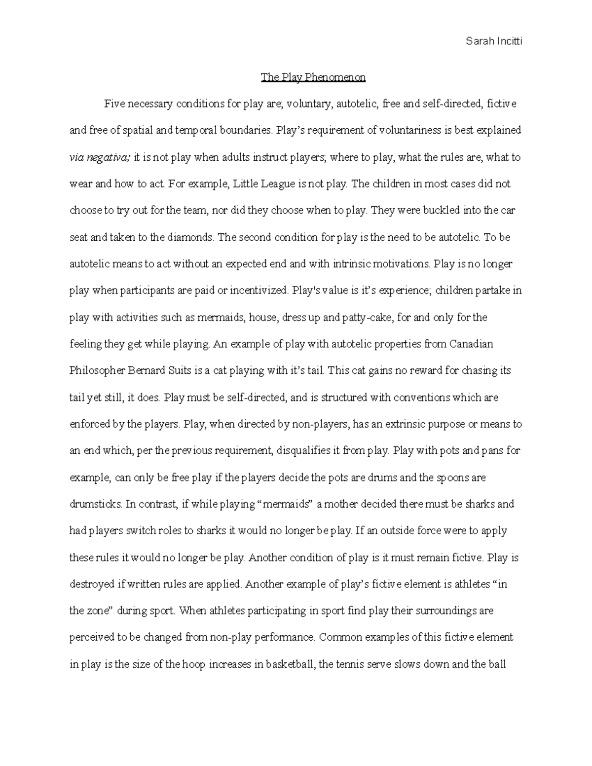 Kines Exam 1 Essay's Components of Play, Game and Motivation