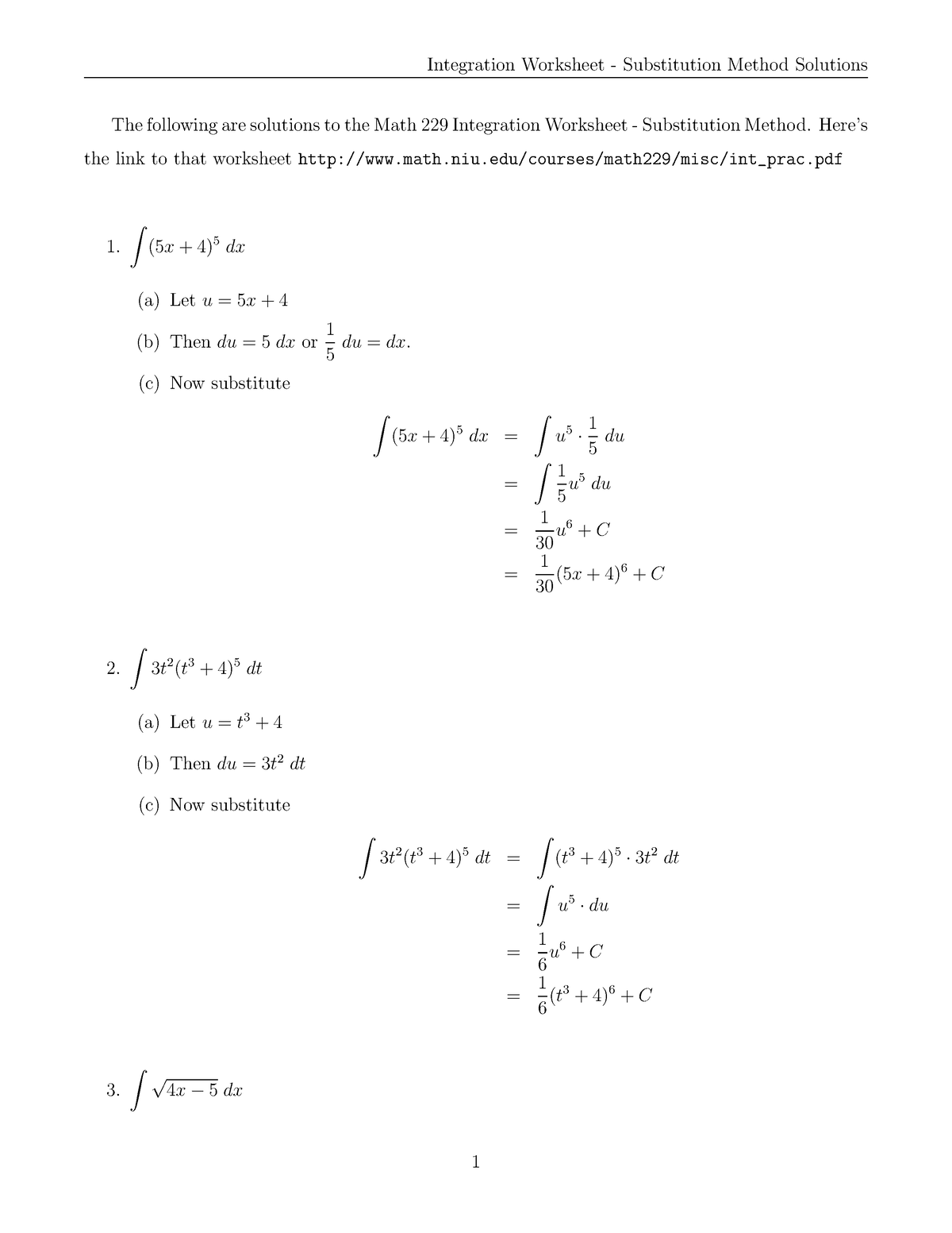 Substitution Worksheet Solns The Following Are Solutions To The Math 