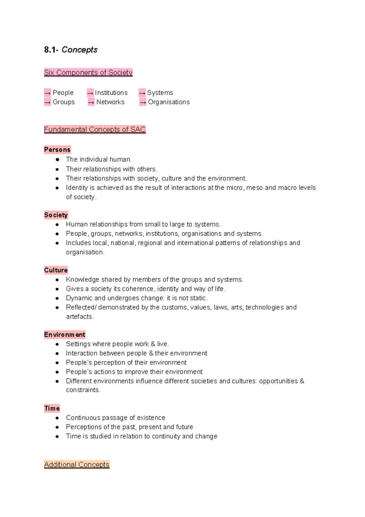 Prelim SAC Study Notes - 8 - Concepts Six Components of Society → ...