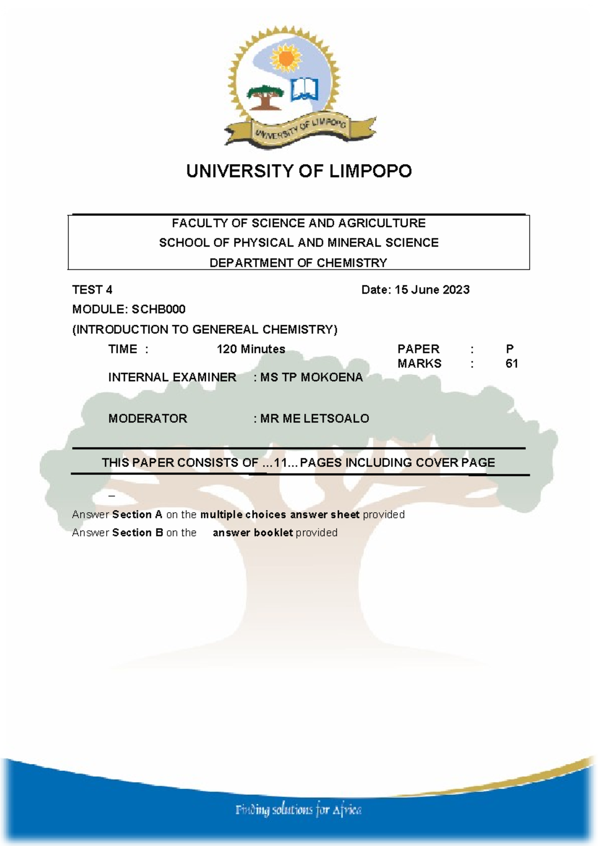 SCHB000 Test 4 15 - UNIVERSITY OF LIMPOPO FACULTY OF SCIENCE AND ...