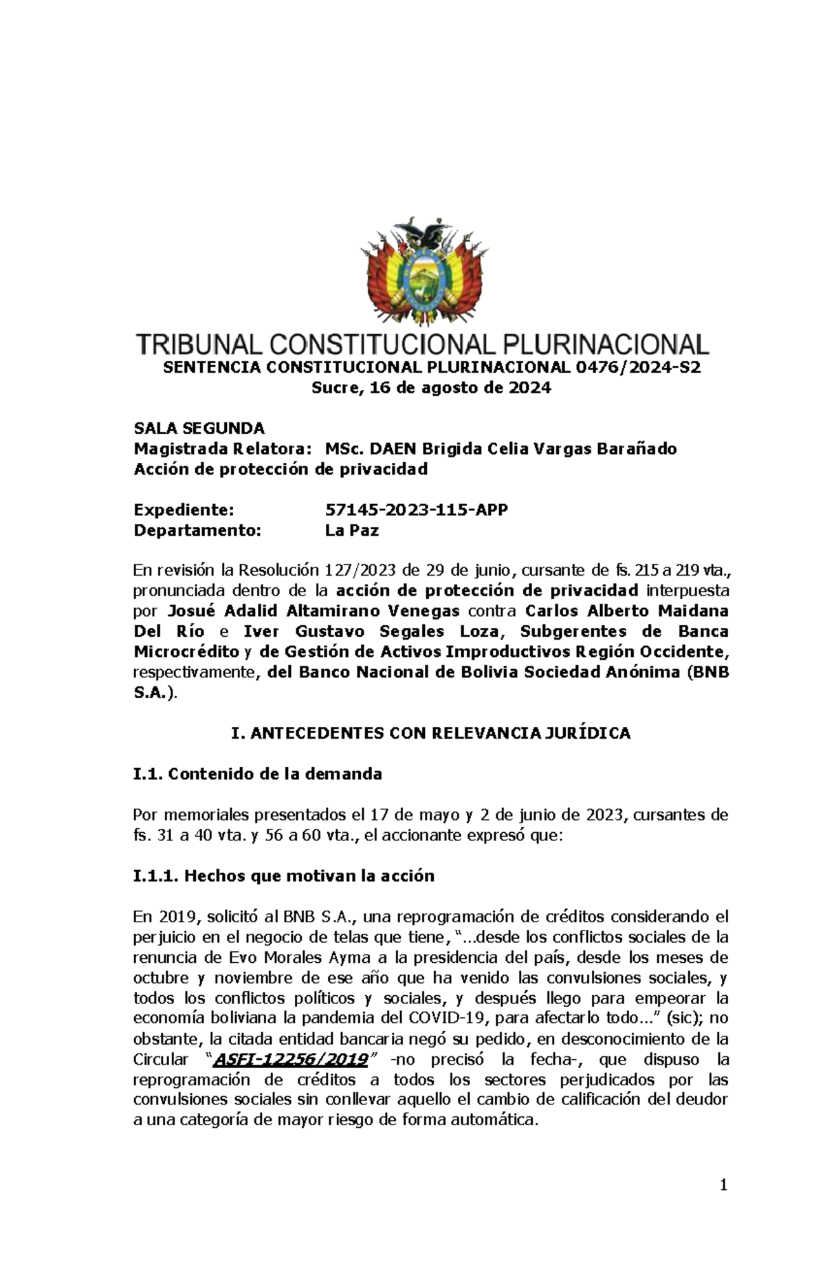 Sentencia 0476 2024-S2 - SENTENCIA CONSTITUCIONAL PLURINACIONAL 0 476 /