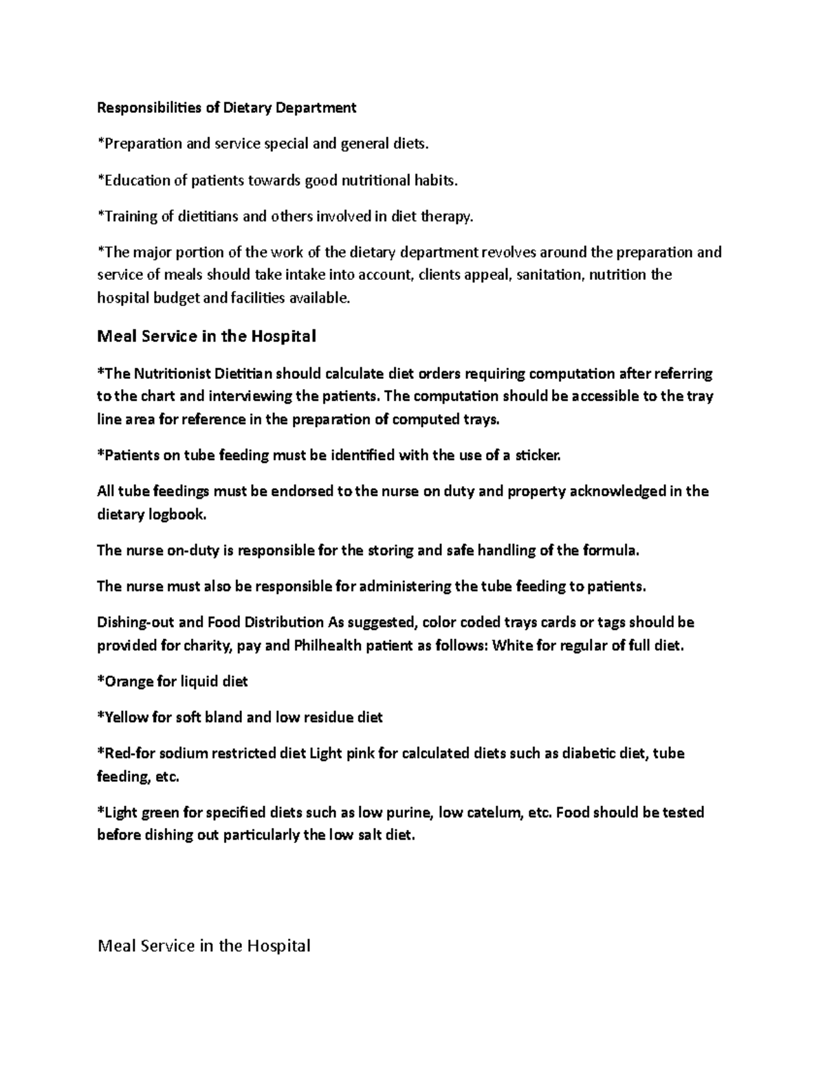 Document 2 Notes Responsibili es Of Dietary Department Prepara