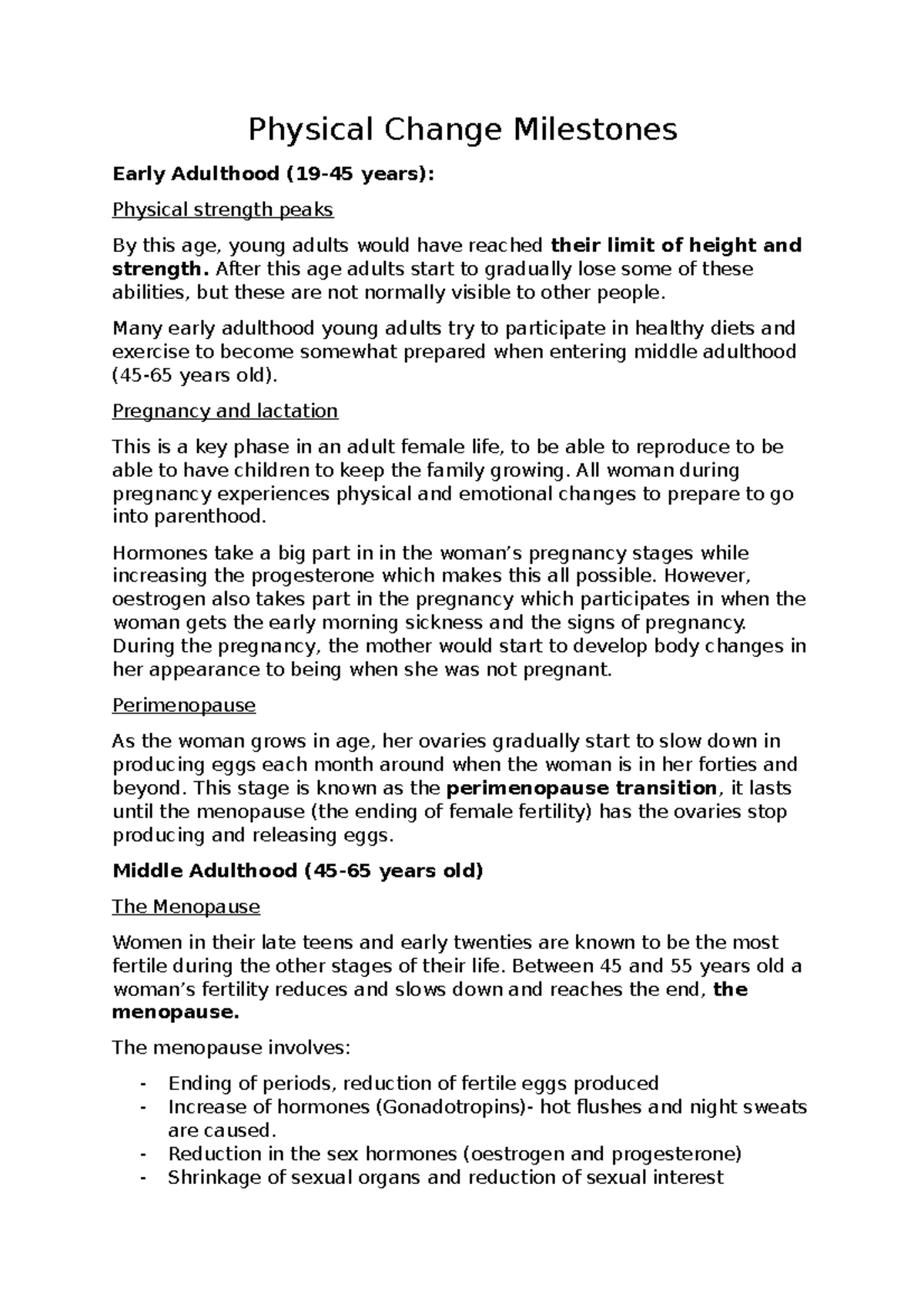 Unit 1-Physical Change Milestones - Physical Change Milestones Early  Adulthood (19-45 years): - Studocu