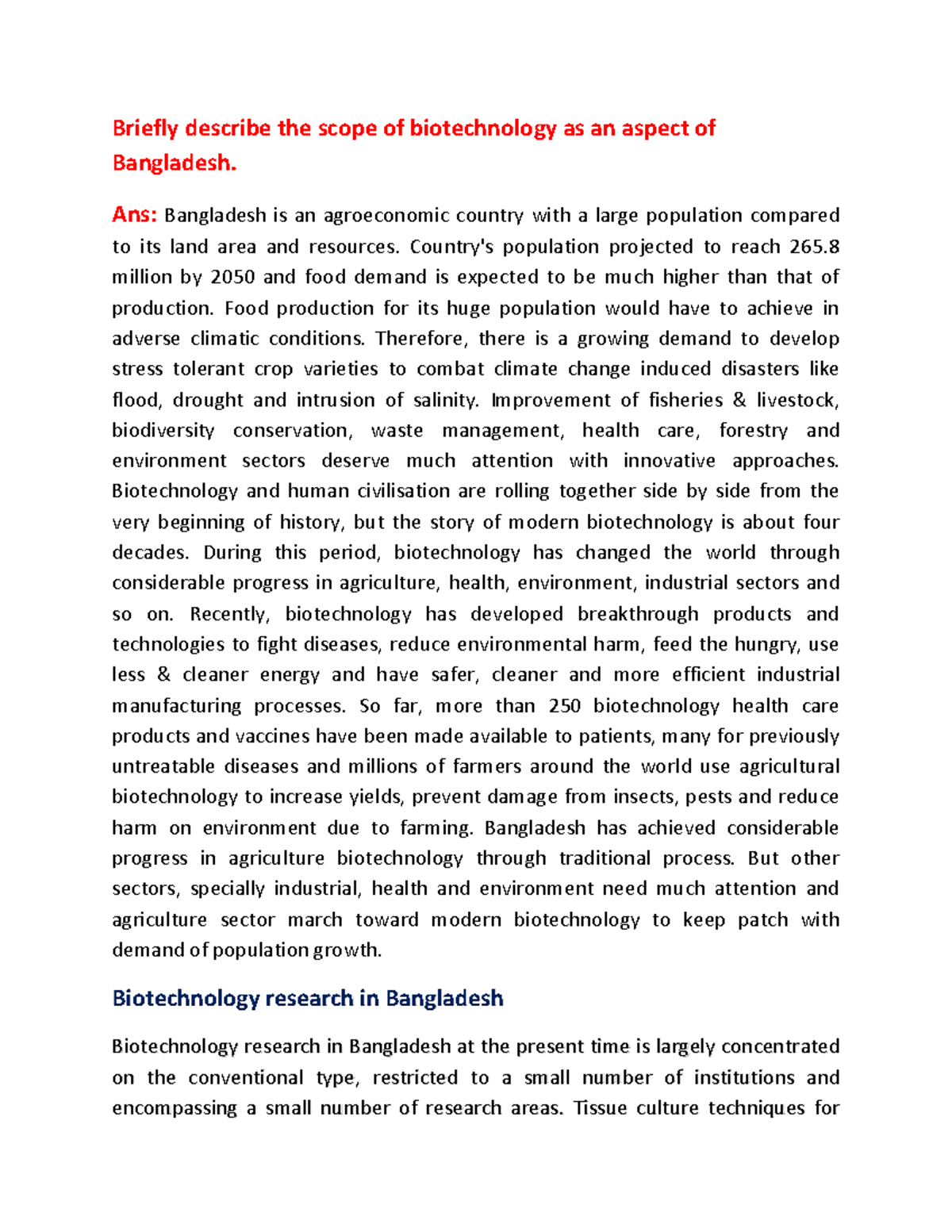 Briefly describe the scope of biotechnology as an aspect of Bangladesh