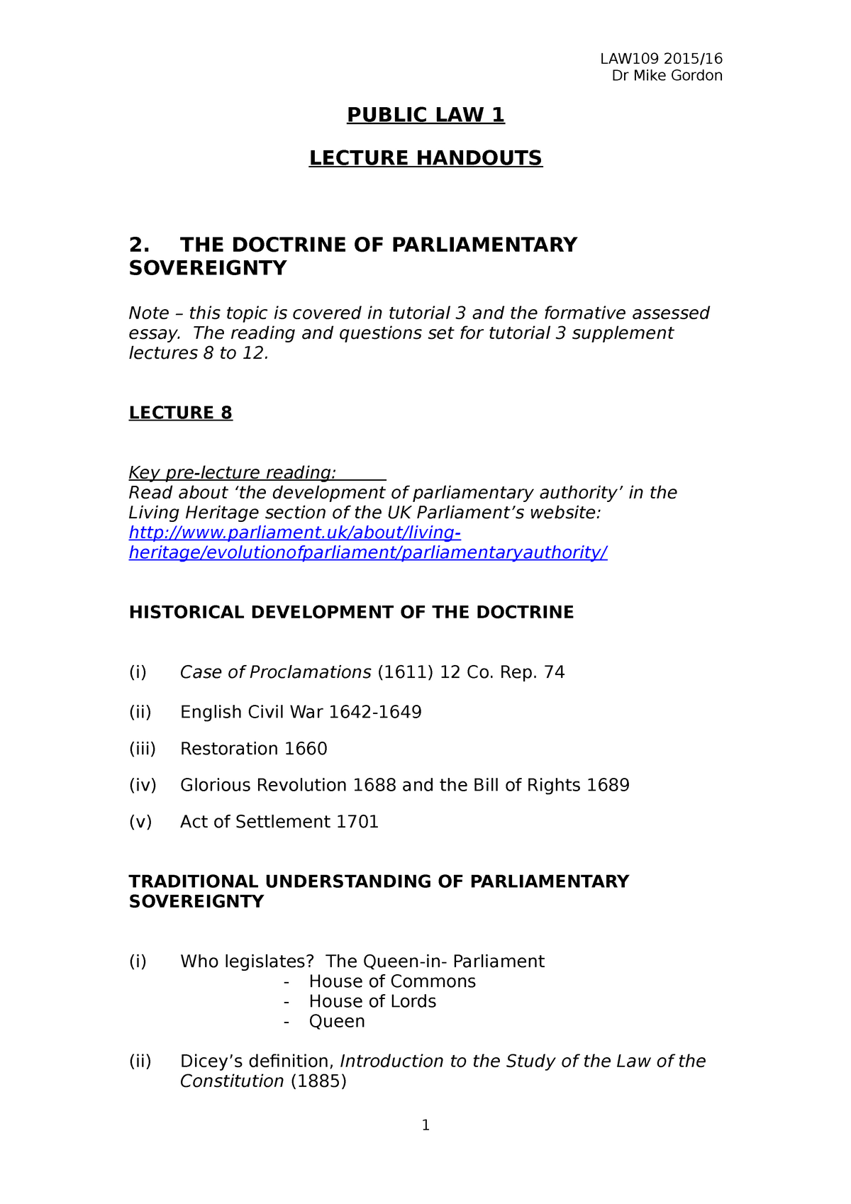 parliamentary sovereignty essay questions