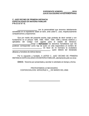 Repudio Formato - EXPEDIENTE NÚMERO: ______/ JUICIO SUCESORIO  INTESTAMENTARIO C. JUEZ DECIMO DE - Studocu