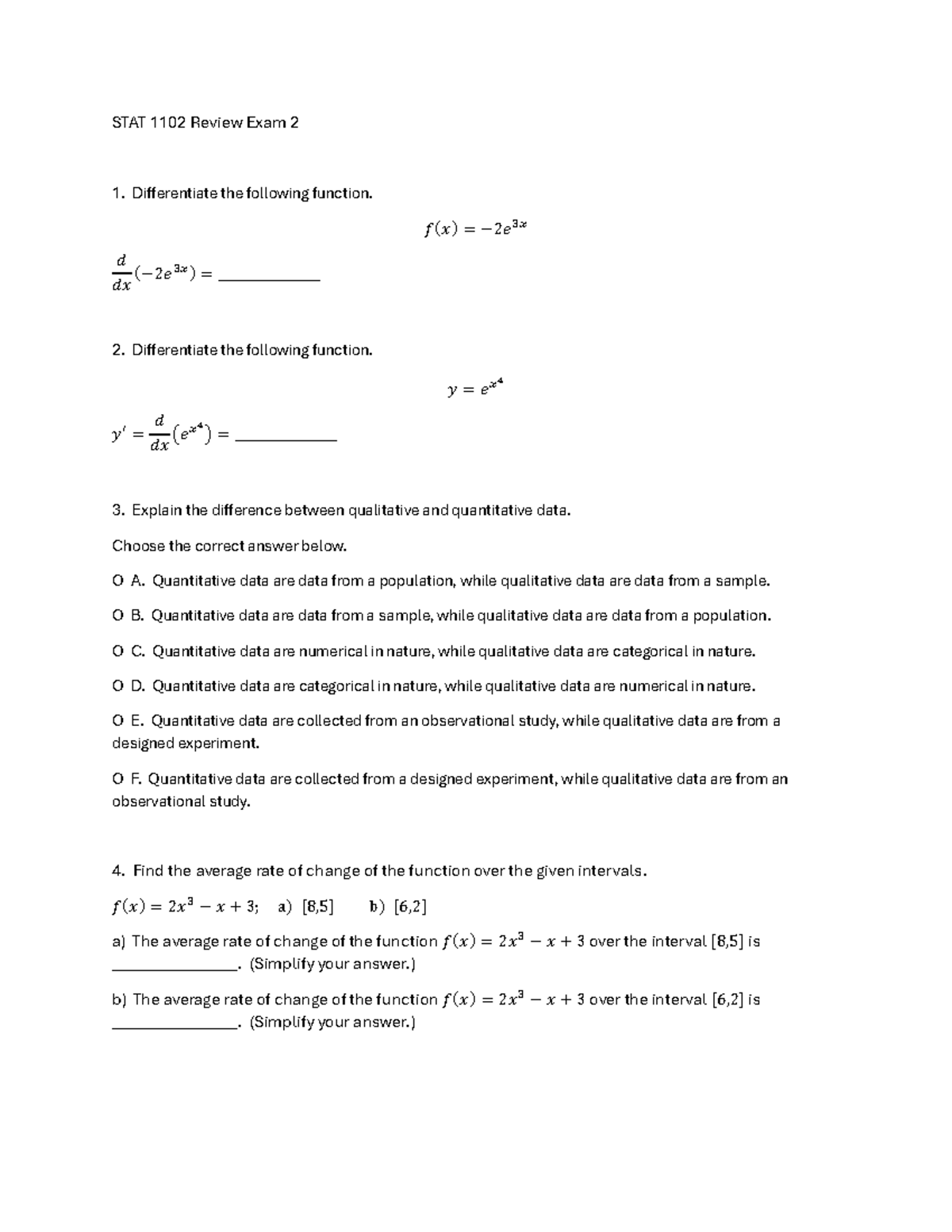 STAT 1102 Review Exam 2 pdf - STAT 1102 Review Exam 2 Differentiate the ...