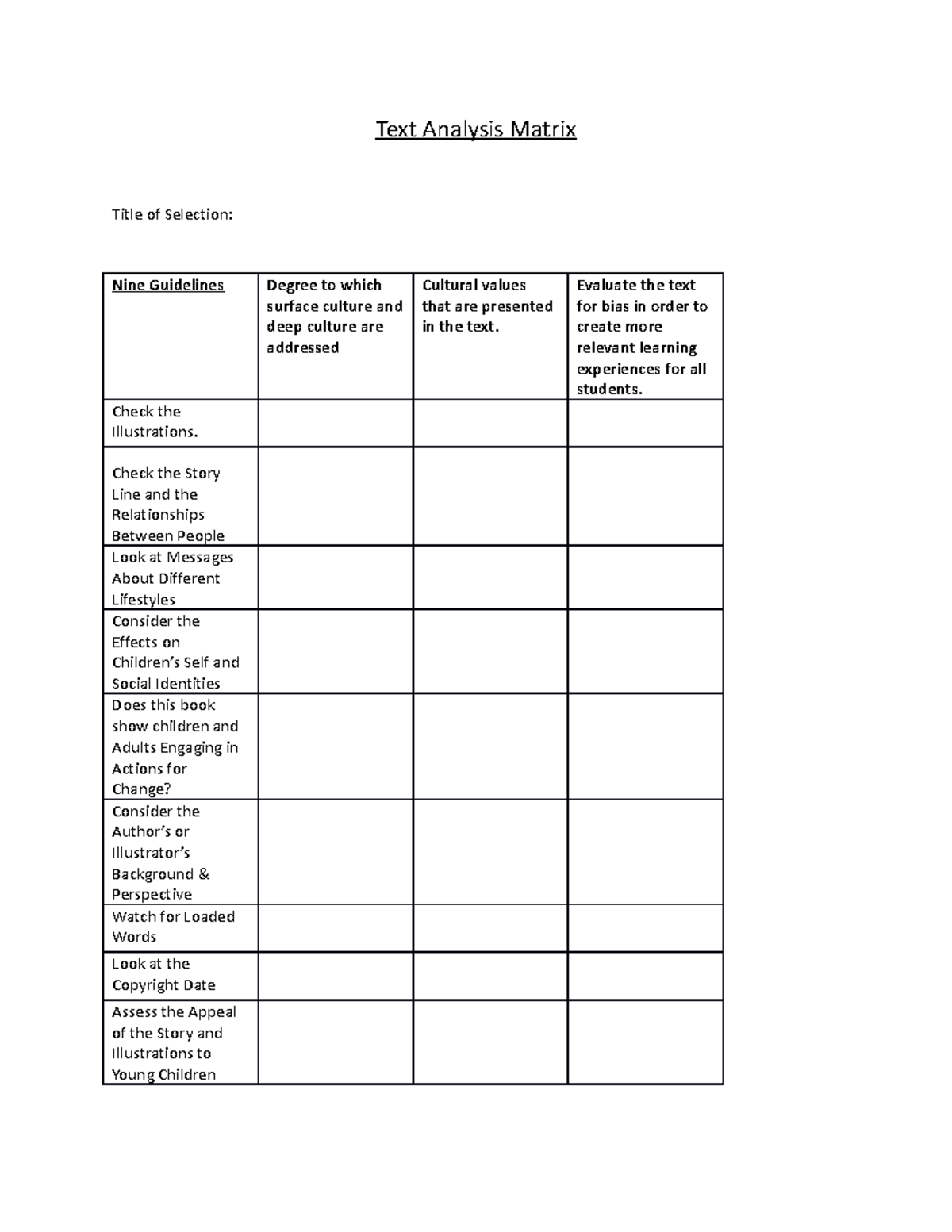 W5 Text Analysis Matrix - Text Analysis Matrix Title of Selection: Nine ...