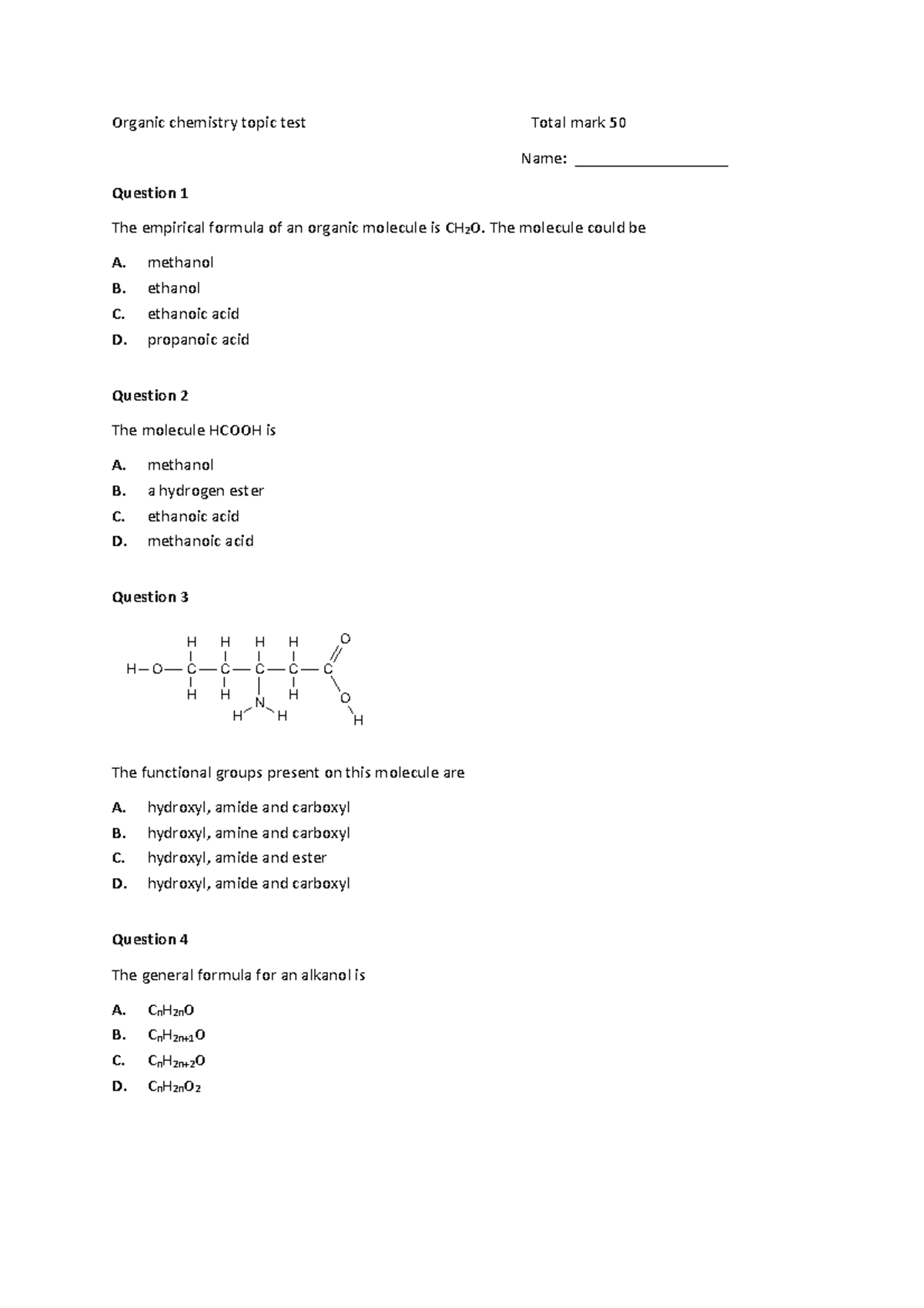 2020 Organic Chemistry Topic Test - Organic Chemistry Topic Test Total ...