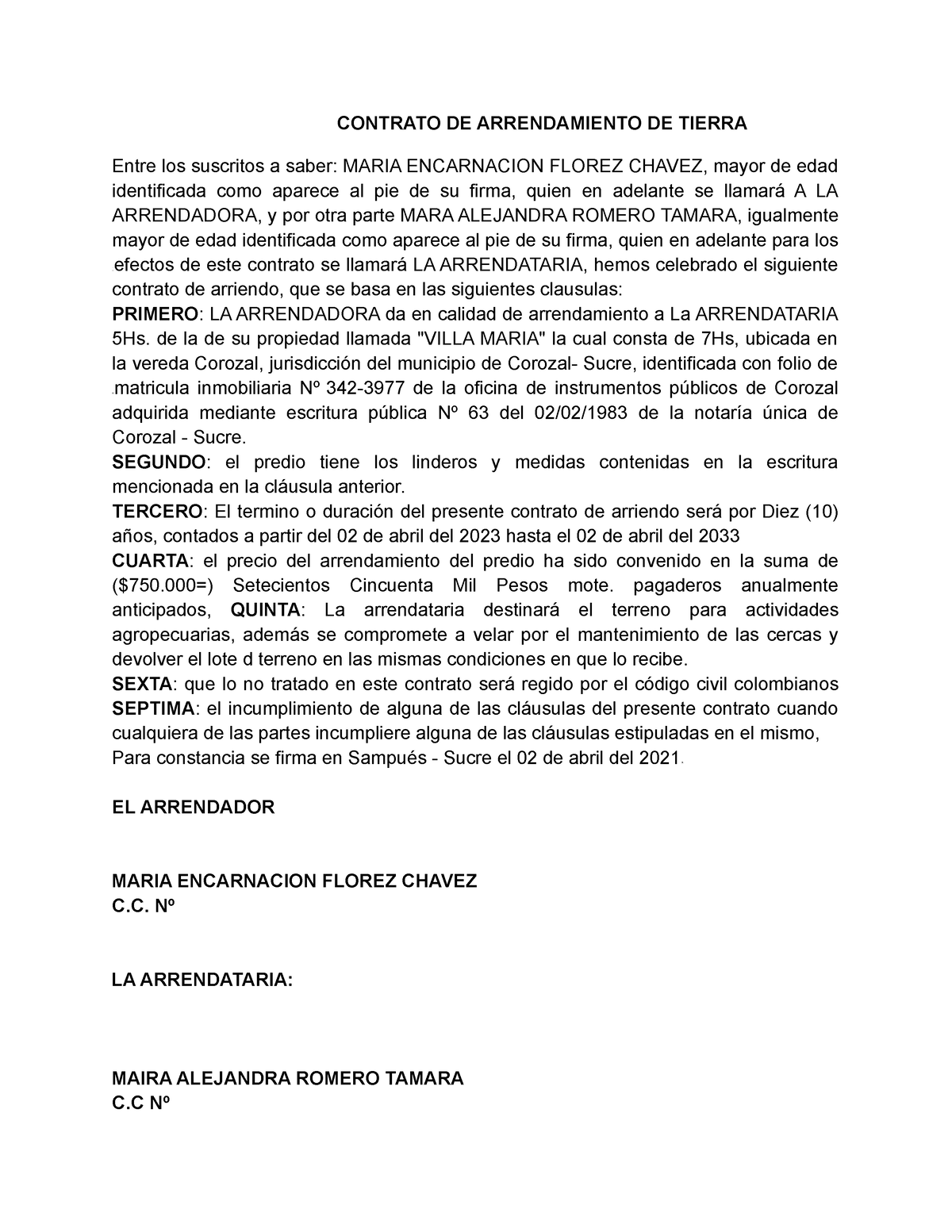 Contrato De Arrendamiento De Tierra Para Cultivo Actu 6448