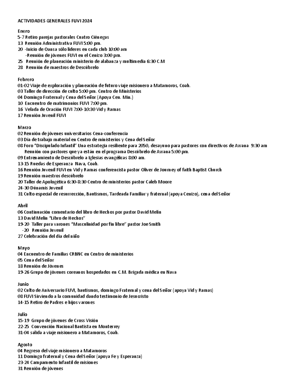 Nuevo calendario FUVI 2024 - ACTIVIDADES GENERALES FUVI 2024 Enero 5 ...