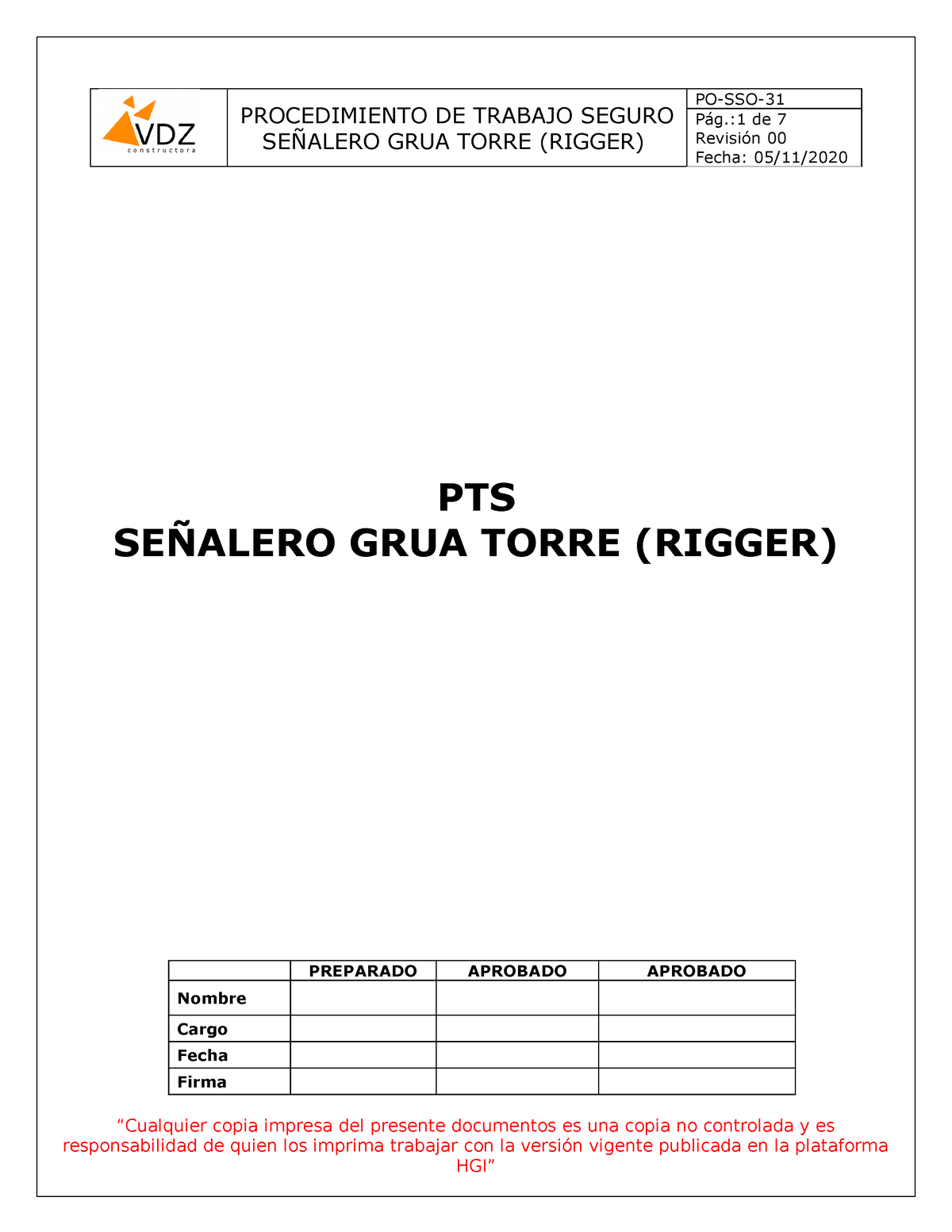 PO-SSO-31 PTS Señalero (Rigger) Grua Torre - PROCEDIMIENTO DE TRABAJO ...