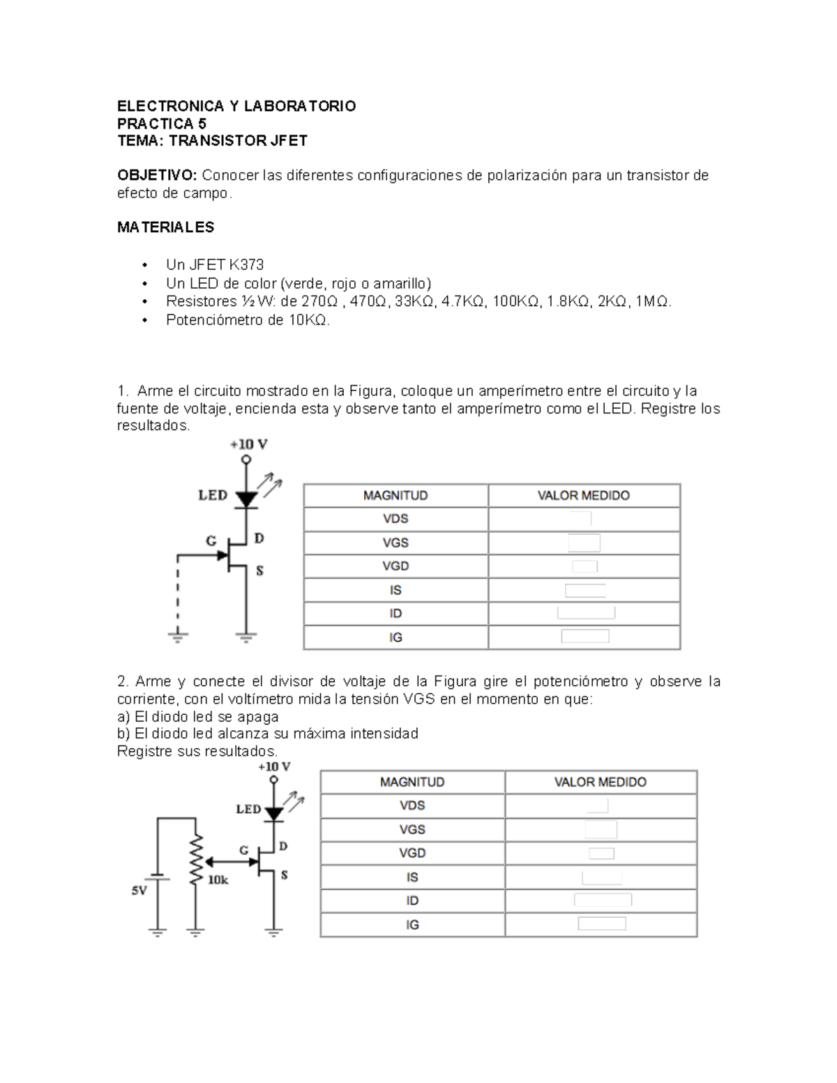 Laboratorio transistor jfet ELECTRONICA Y LABORATORIO PRACTICA 5 TEMA