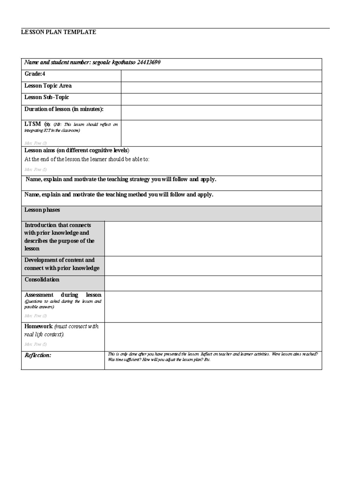 Lesson Plan Template - LESSON PLAN TEMPLATE Name and student number ...