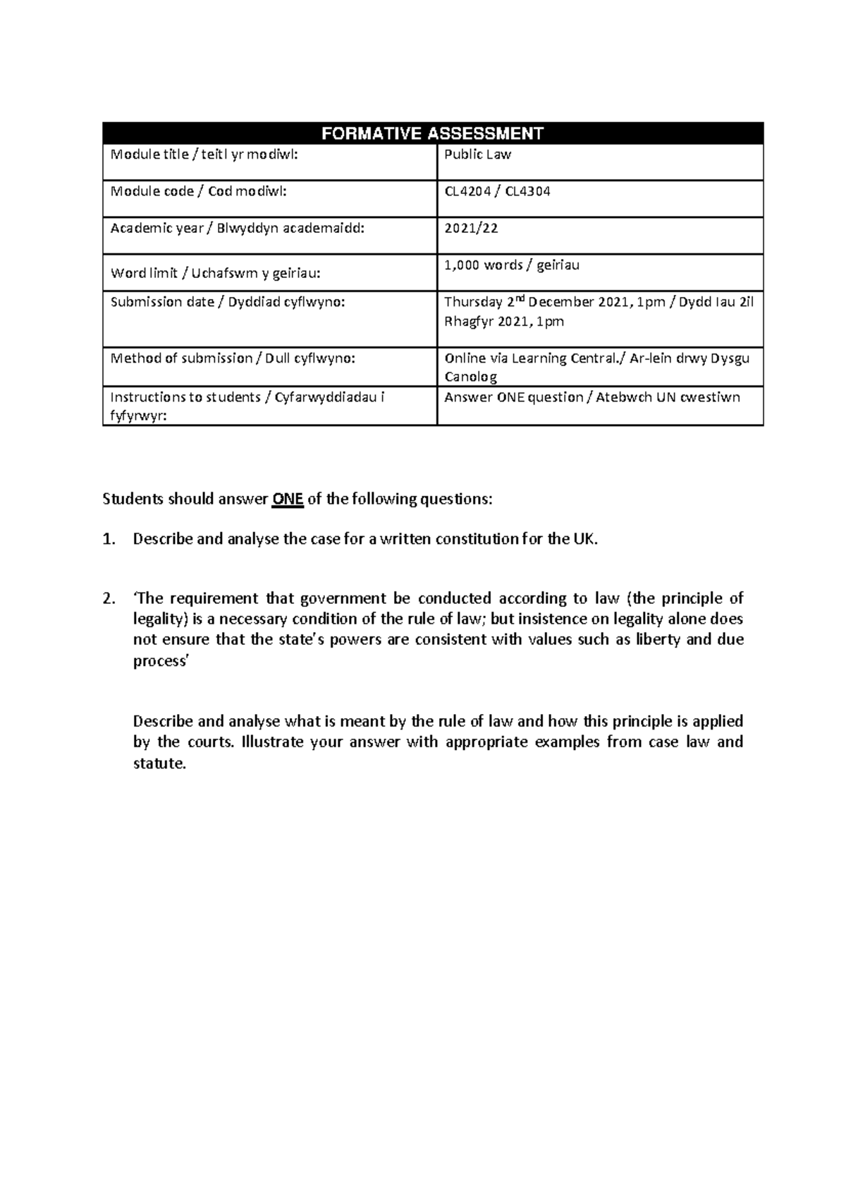 Public Law Formative 1 - FORMATIVE ASSESSMENT Module title / teitl yr ...