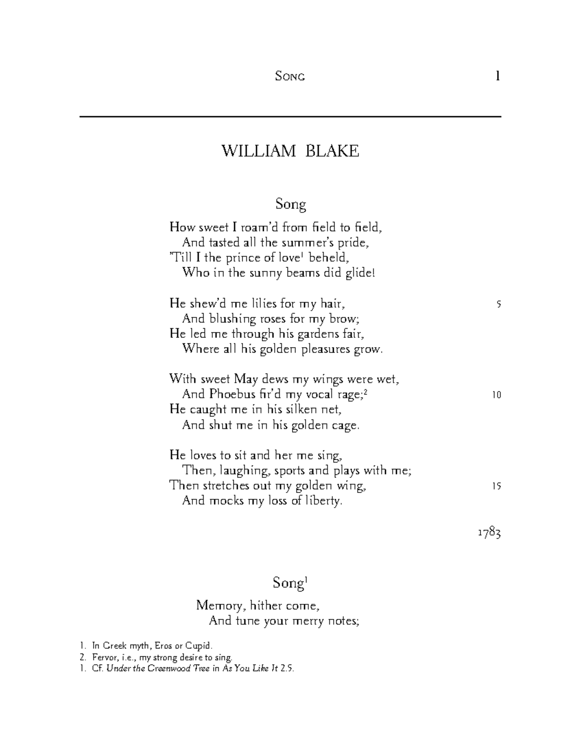 Blake w - Song 1 WILLIAM BLAKE Song How sweet I roam’d from field to ...