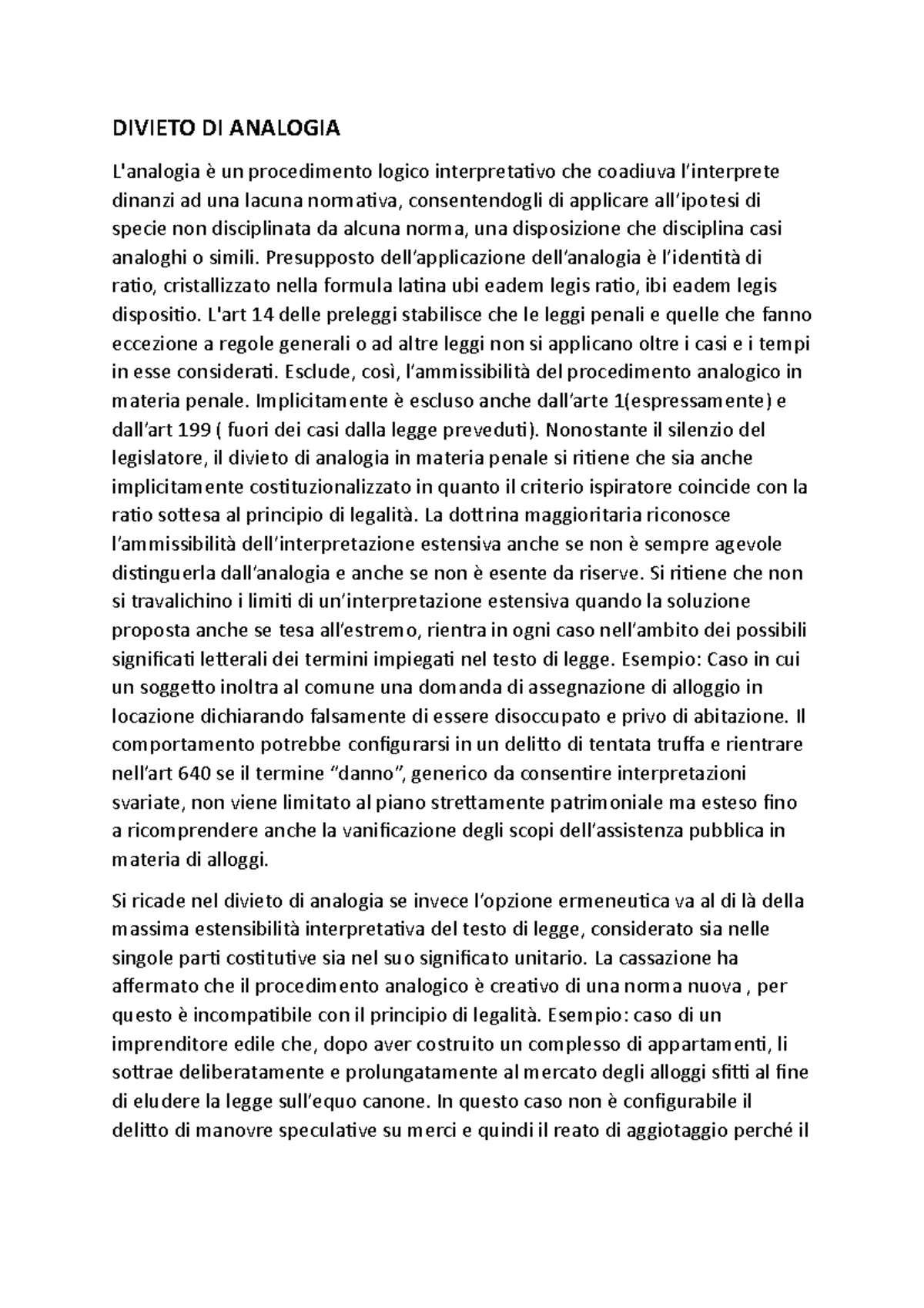 Divieto DI Analogia dal fiandaca musco DIVIETO DI ANALOGIA L'analogia