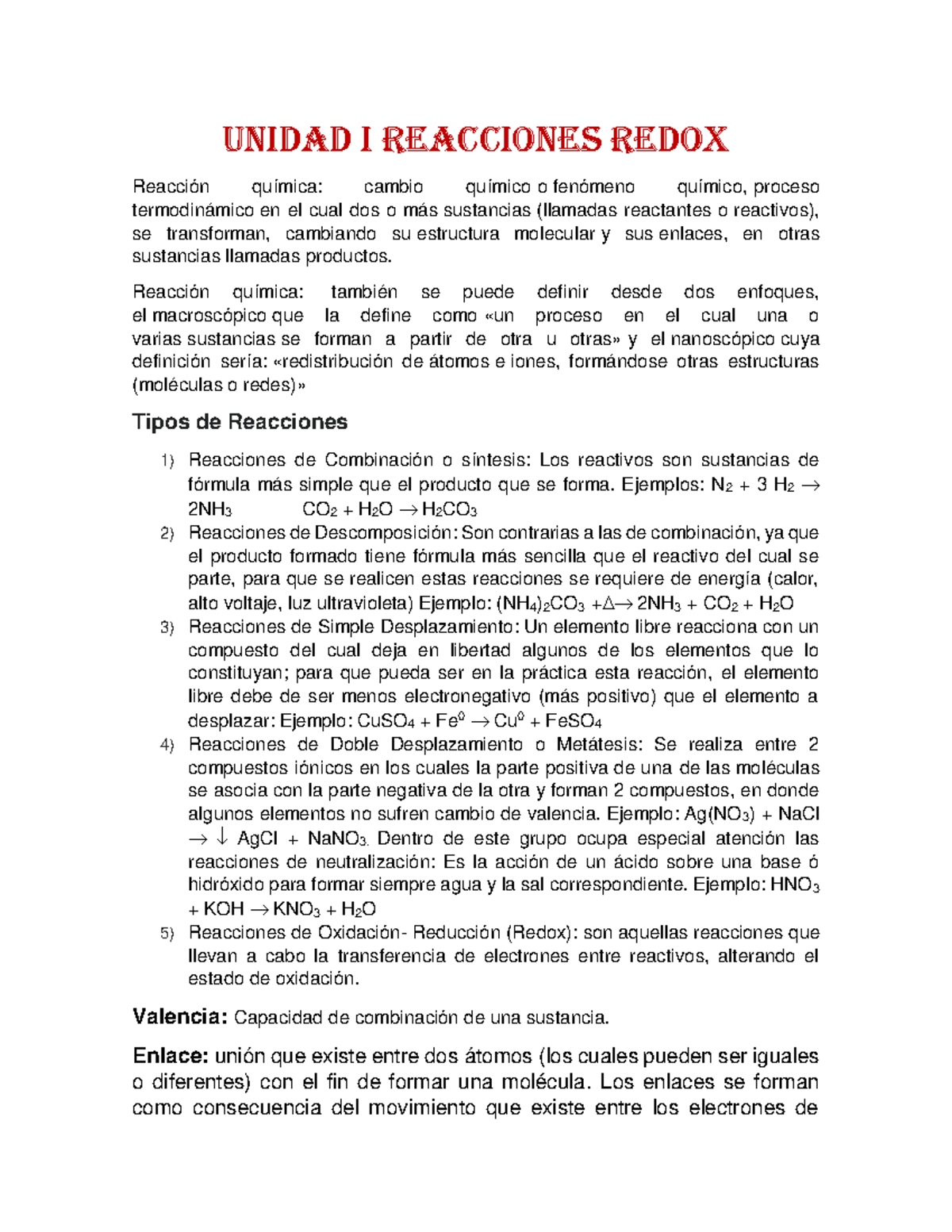 Redox - Archivos - UNIDAD I REACCIONES REDOX Reacción química: cambio ...