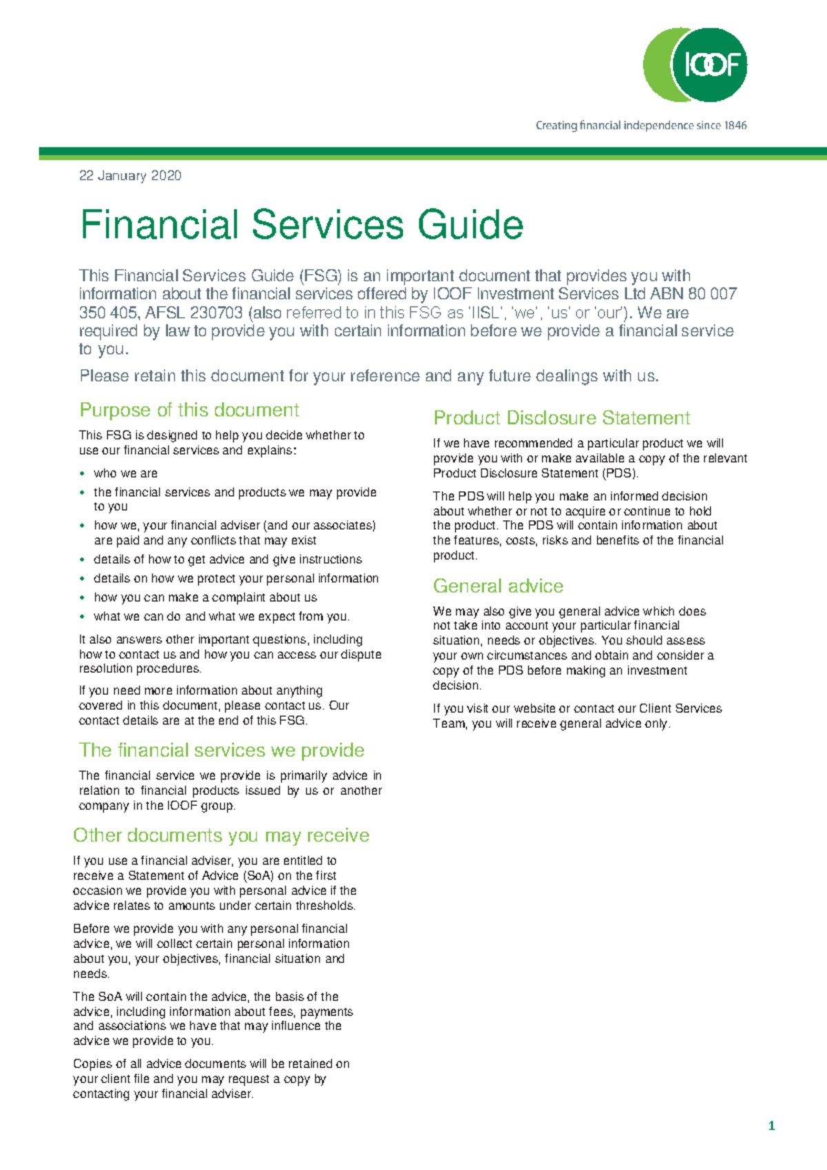 Sample Financial Services Guide Review - 1 22 January 2020 Financial ...