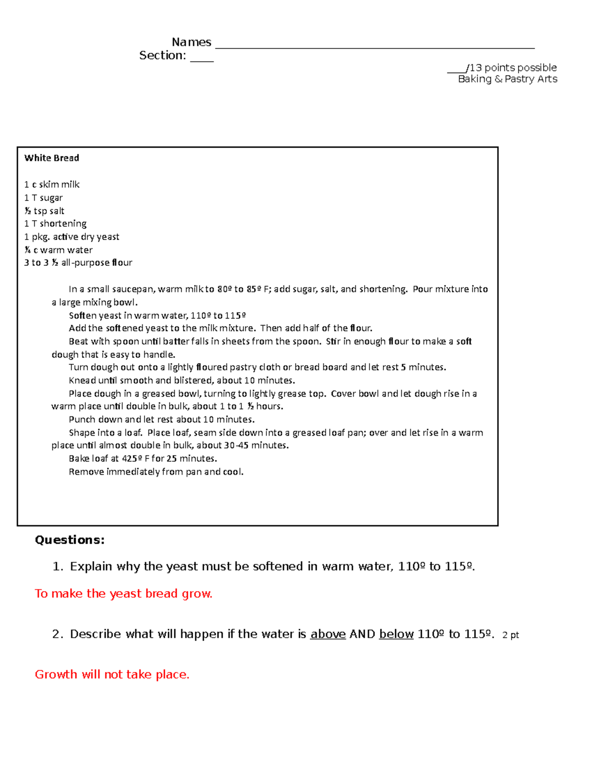 Yeast Bread Worksheet1 Names