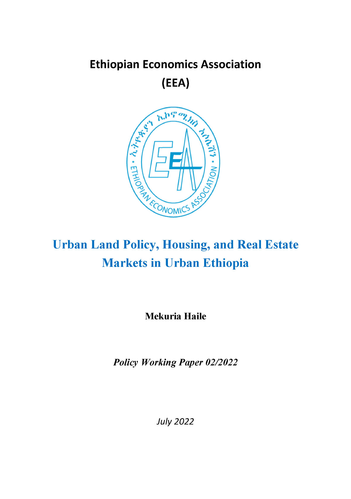 Working Paper 02 2022 Ethiopian Economics Association (EEA) Urban