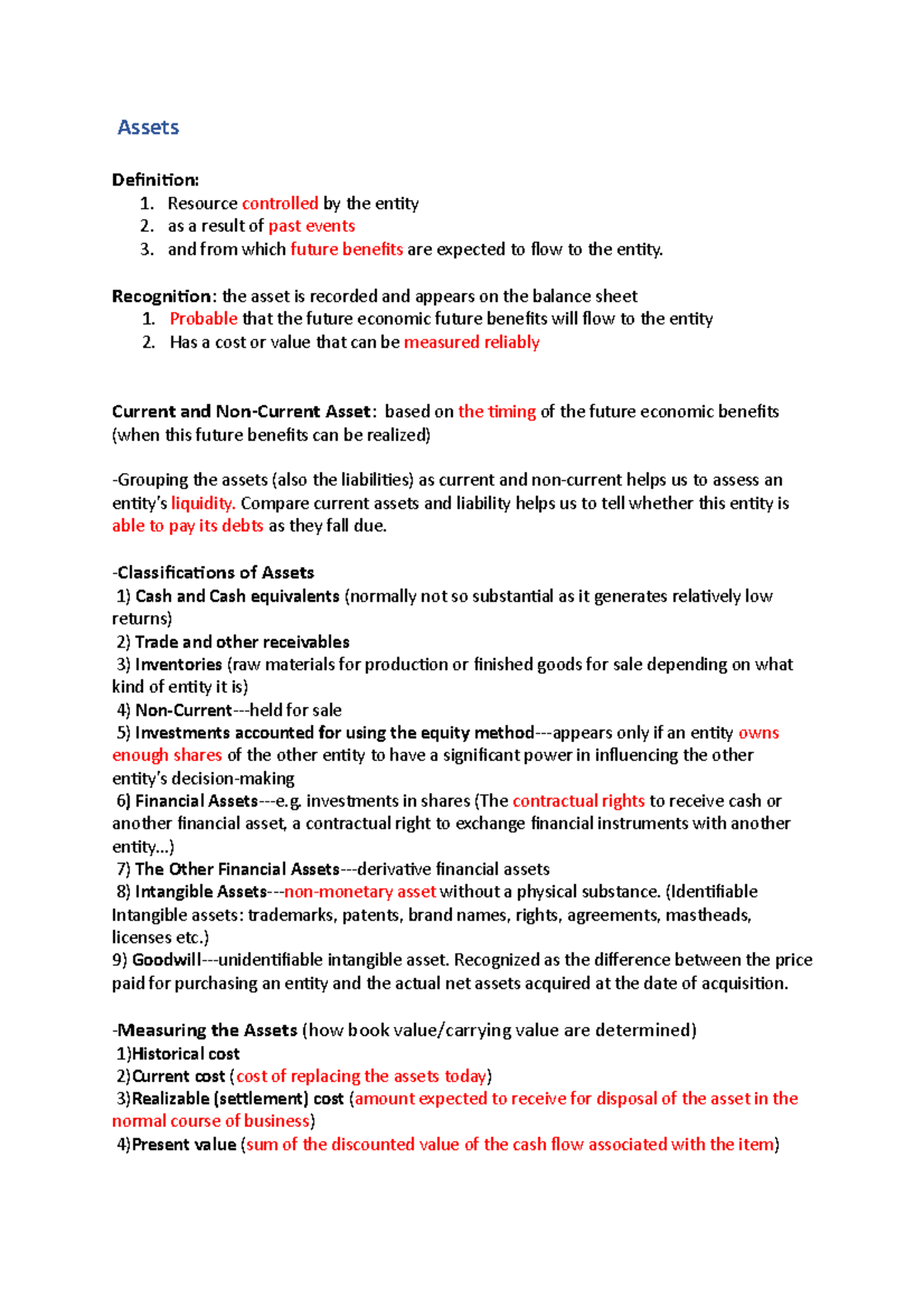 Assets - H1 summary for a single lecture - Assets Definition: 1 ...