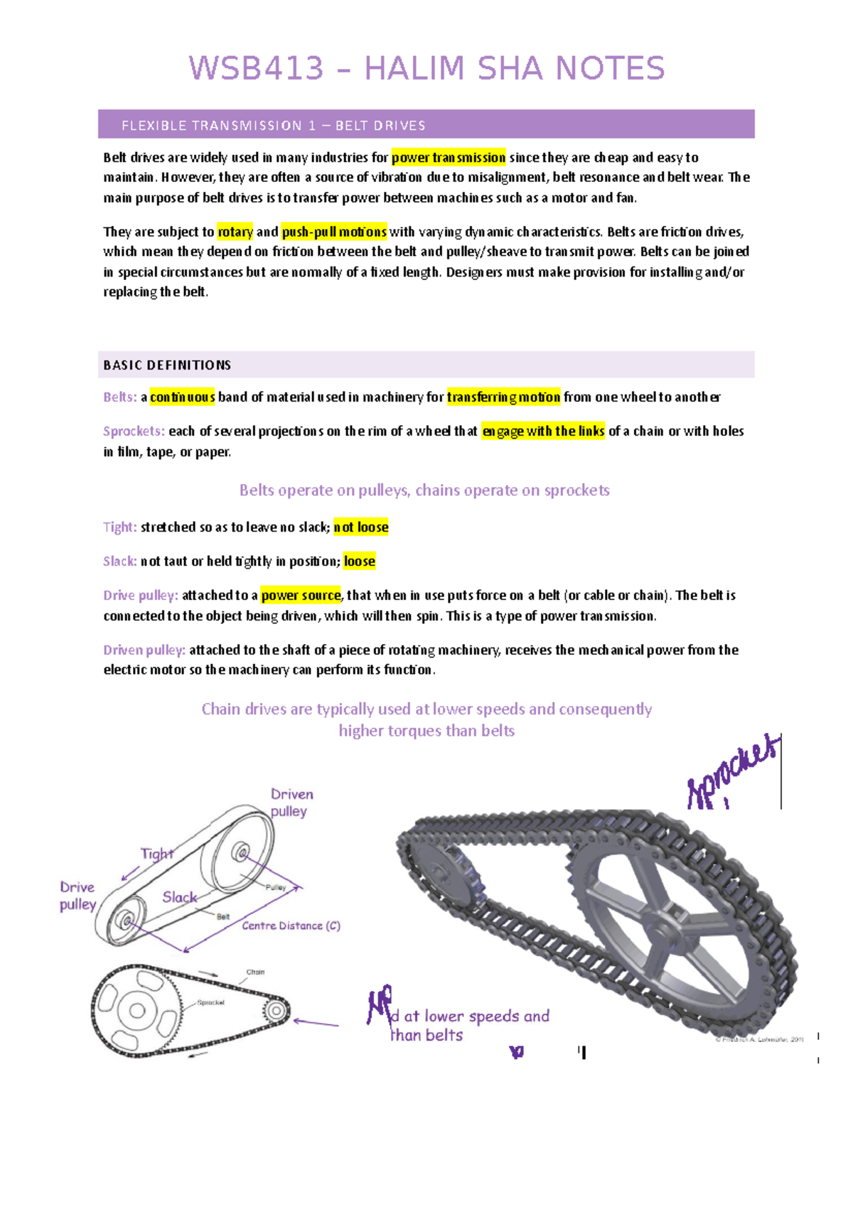 WSB413 H Sha Notes FLEXIBLE TRANSMISSION 1 BELT DRIVES Belt drives