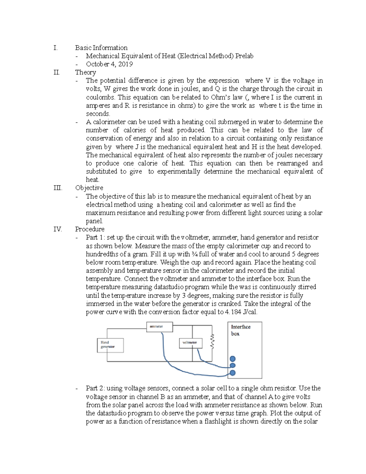 Mechanical Equivalent of Heat (Electrical Method) Prelab I. Basic